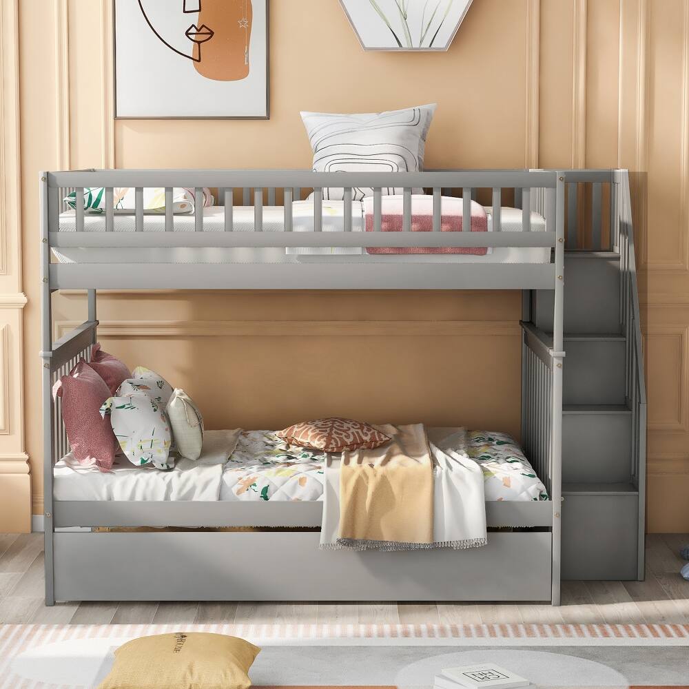 Left. Loheer - Loheer Full Over Full Bunk Bed with Trundle and Stairs Gray - Gray.