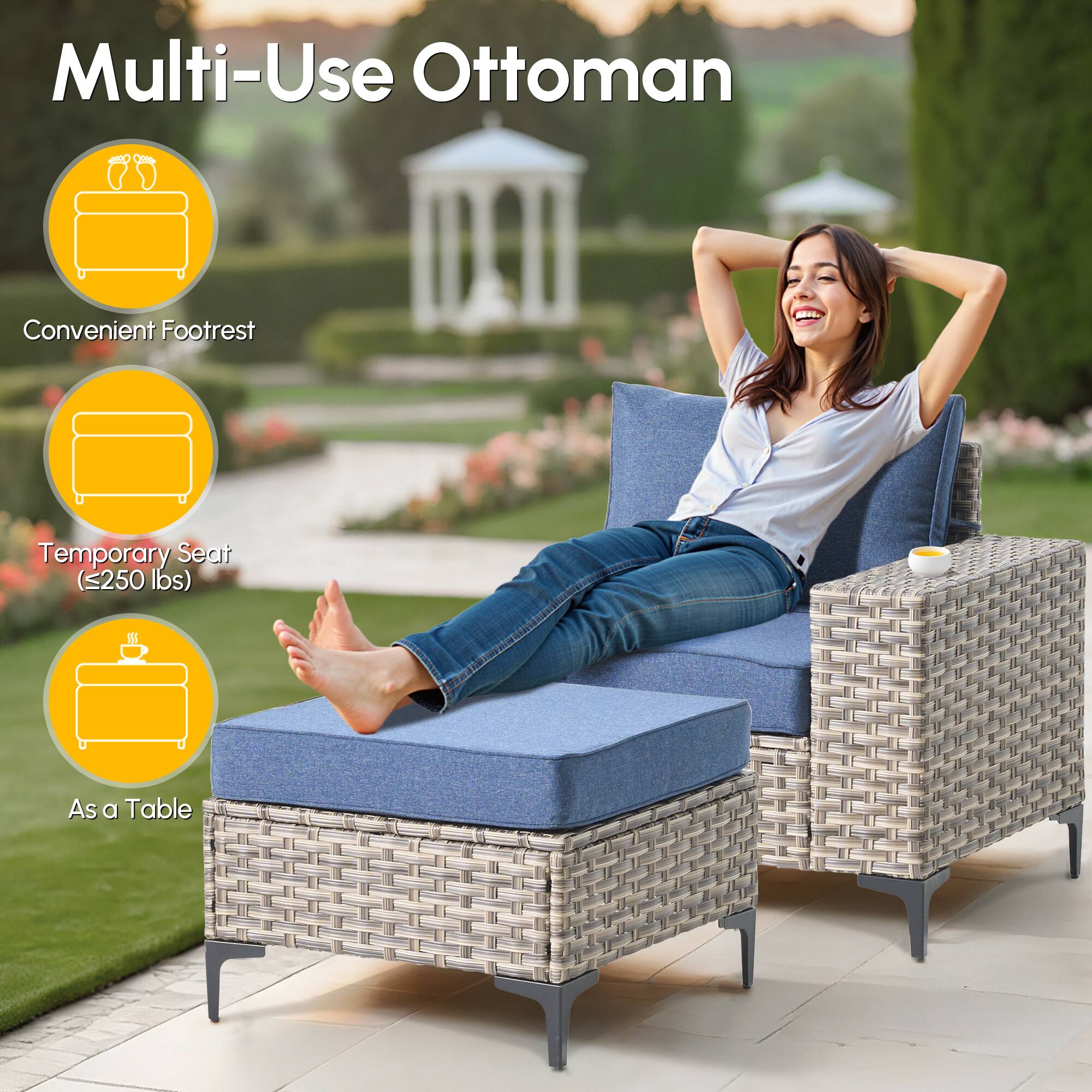 Multi-Use Ottoman

Convenient Footrest

Temporary Seat (≤250 lbs)

As a Table