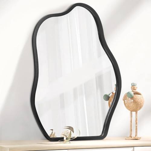 Front. Live At Space - Asymmetrical Wood Frame Mirrors For Wall Oval Hanging Mirror Irregular Modern Entryway Hallway Living Room Bedroom - Black-20"L x 16"W.