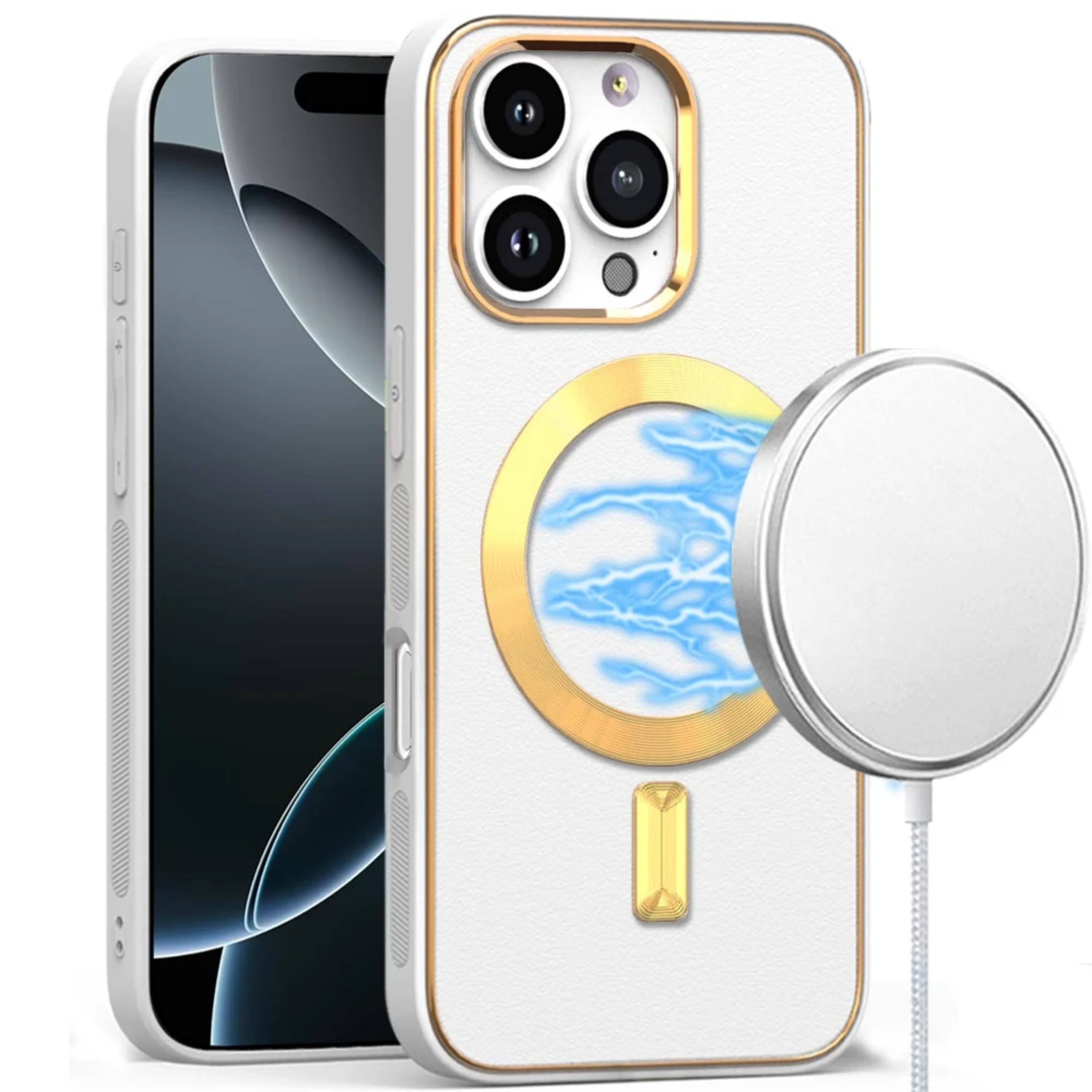Front. Kitcheniva - Magnetic Circle Vegan Leather Cover Plus Tempered Glass For iPhone 16 Pro Max Case White - White.