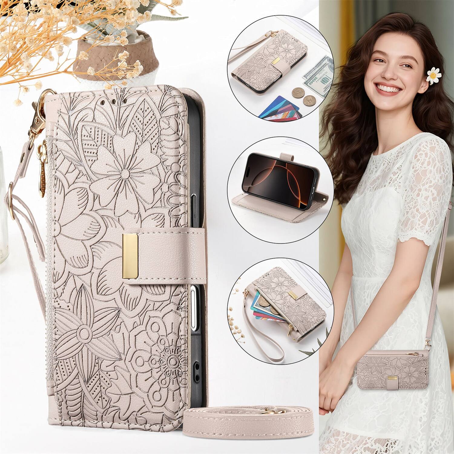 Alt View 6. Dteck - Floral Embossed Leather Zipper Cash Slot Wallet Case for Apple iPhone 16 with Detachable Strap - Beige.