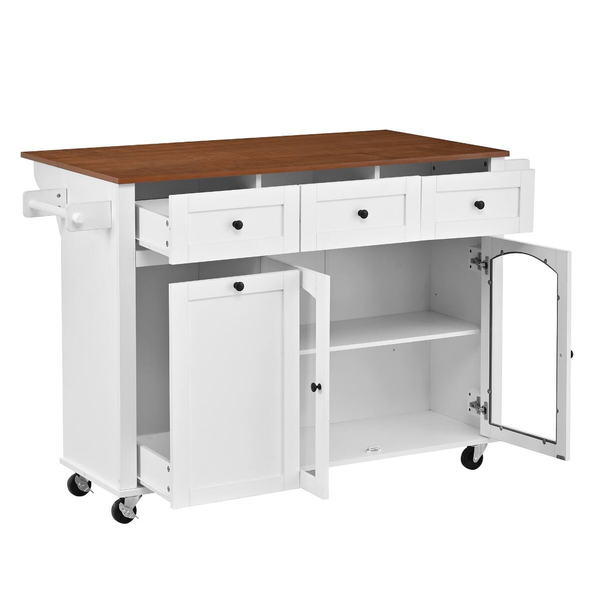 Alt View 2. Loheer - Loheer 54.2 inch mobile kitchen island rolling kitchen cart with trash bin cabinet white and walnut kitchen prep table - White+Walnut.