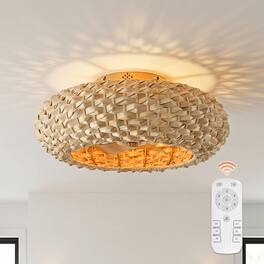 Vaczon - 20" Ceiling Fan with Light and Remote, Flush Mount Low Profile Rattan Ceiling Fan, 6-Speed, Woven Bamboo Shade - Natural Bamboo / Gold