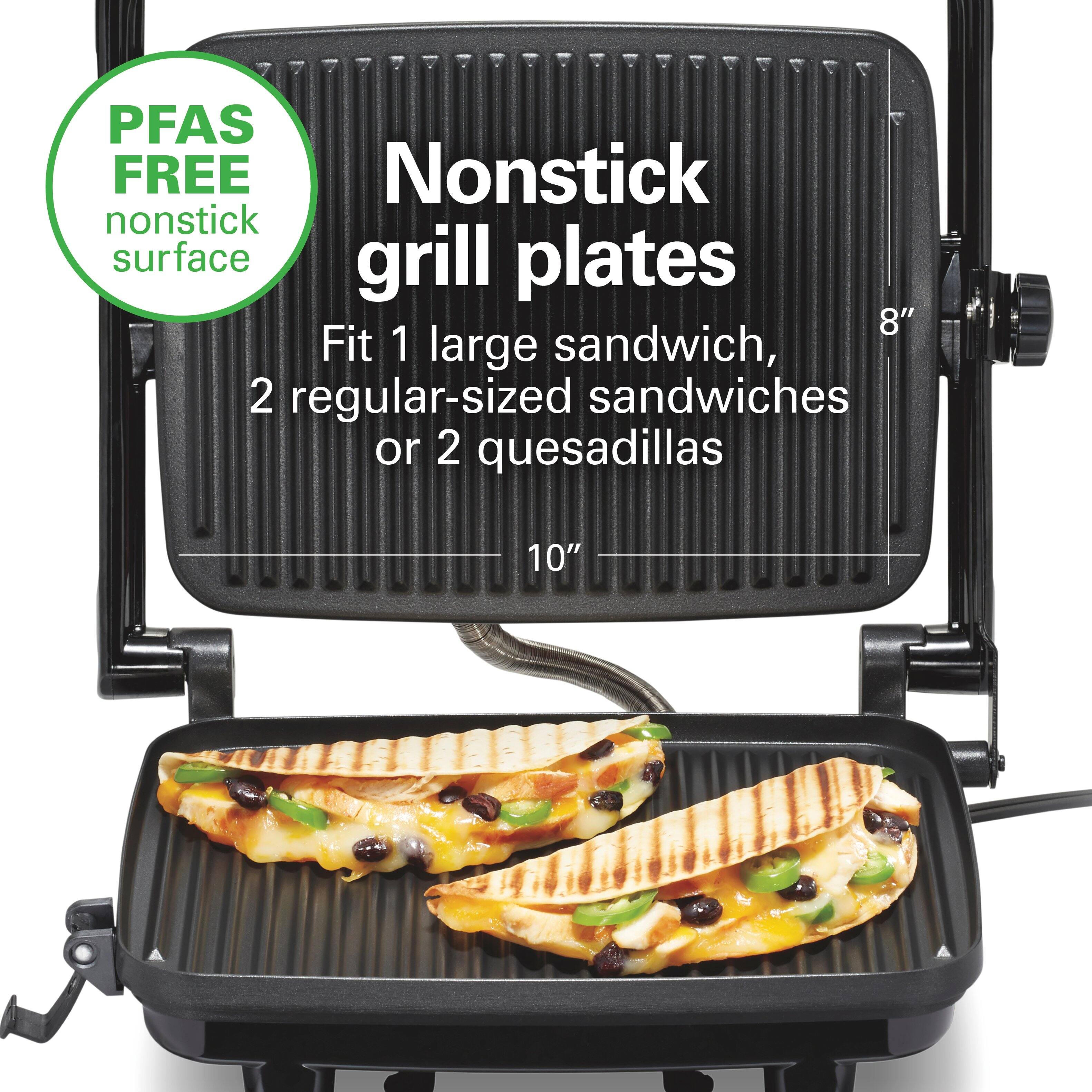 PFAS FREE  
nonstick surface  

Nonstick grill plates  

Fit 1 large sandwich, 2 regular-sized sandwiches or 2 quesadillas  

8"  
10"