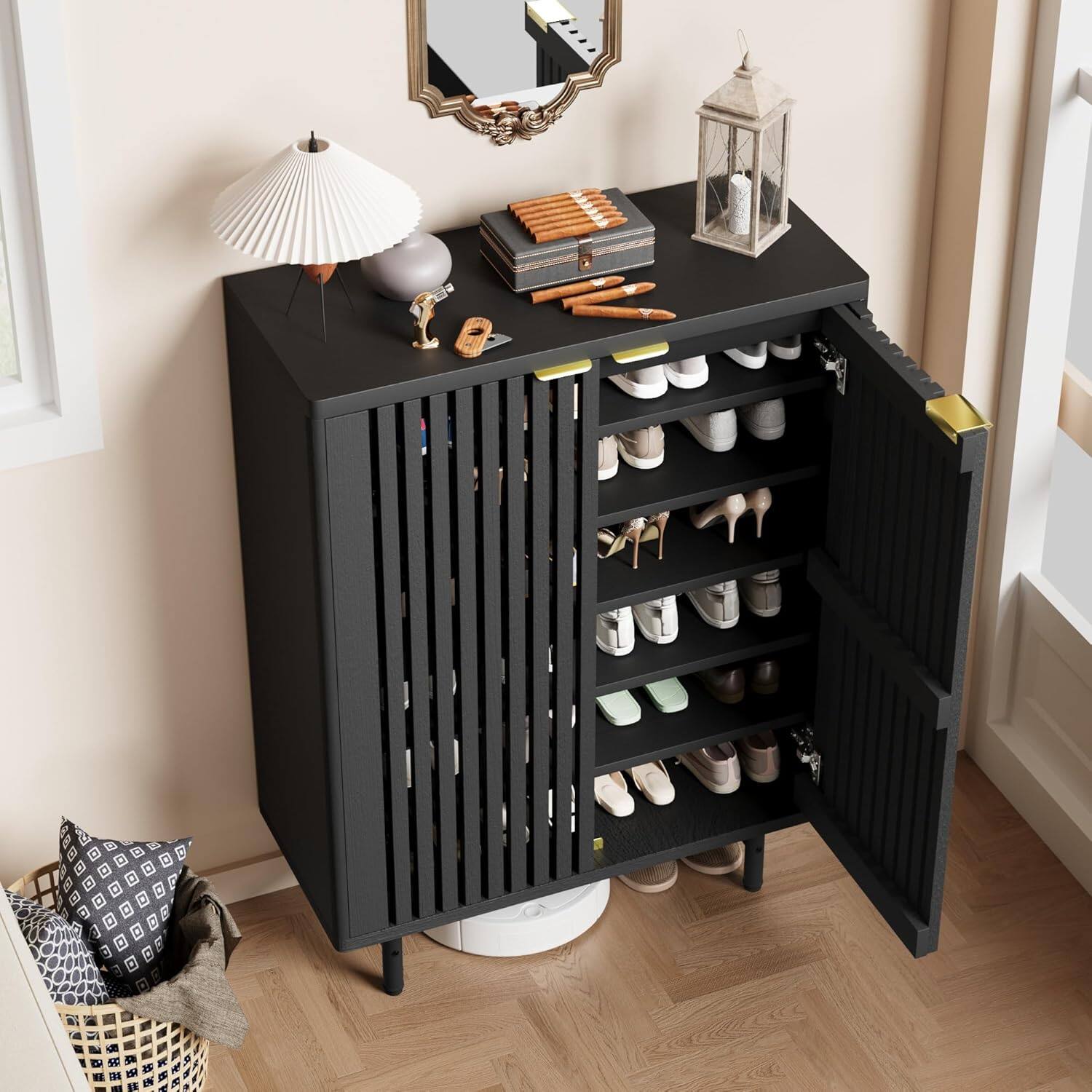 Alt View 3. GARVEE - Shoe Cabinet, 6-Tier Shoe Storage Organizer with Doors,Modern Farmhouse Entryway Hallway Furniture,Black - Black.