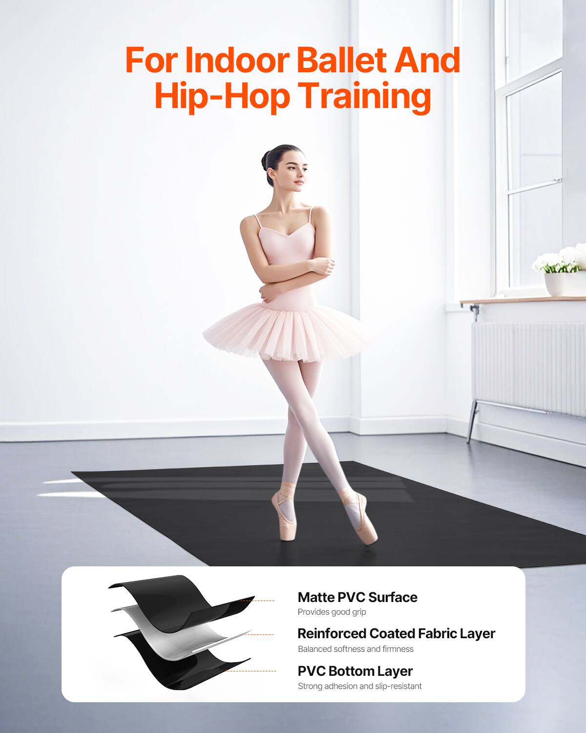 For Indoor Ballet And Hip-Hop Training

Matte PVC Surface
Provides good grip

Reinforced Coated Fabric Layer
Balanced softness and firmness

PVC Bottom Layer
Strong adhesion and slip-resistant