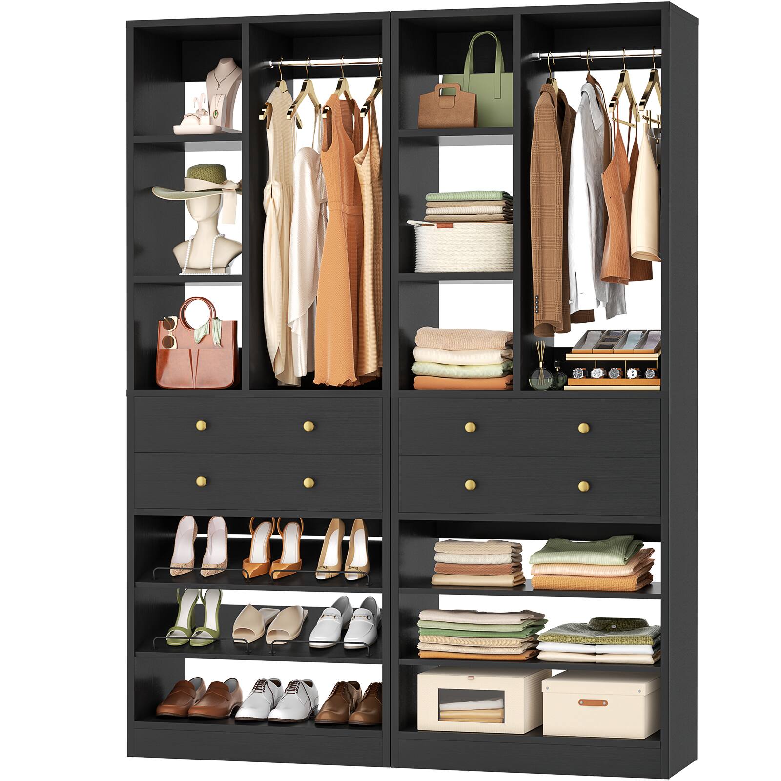 Angle. Aheaplus - 55.5" Closet Organizer System (2-Pack) – Free-Standing, 1200+ LBS, Drawers & Shelves for Small Walk-In Closets - Black.