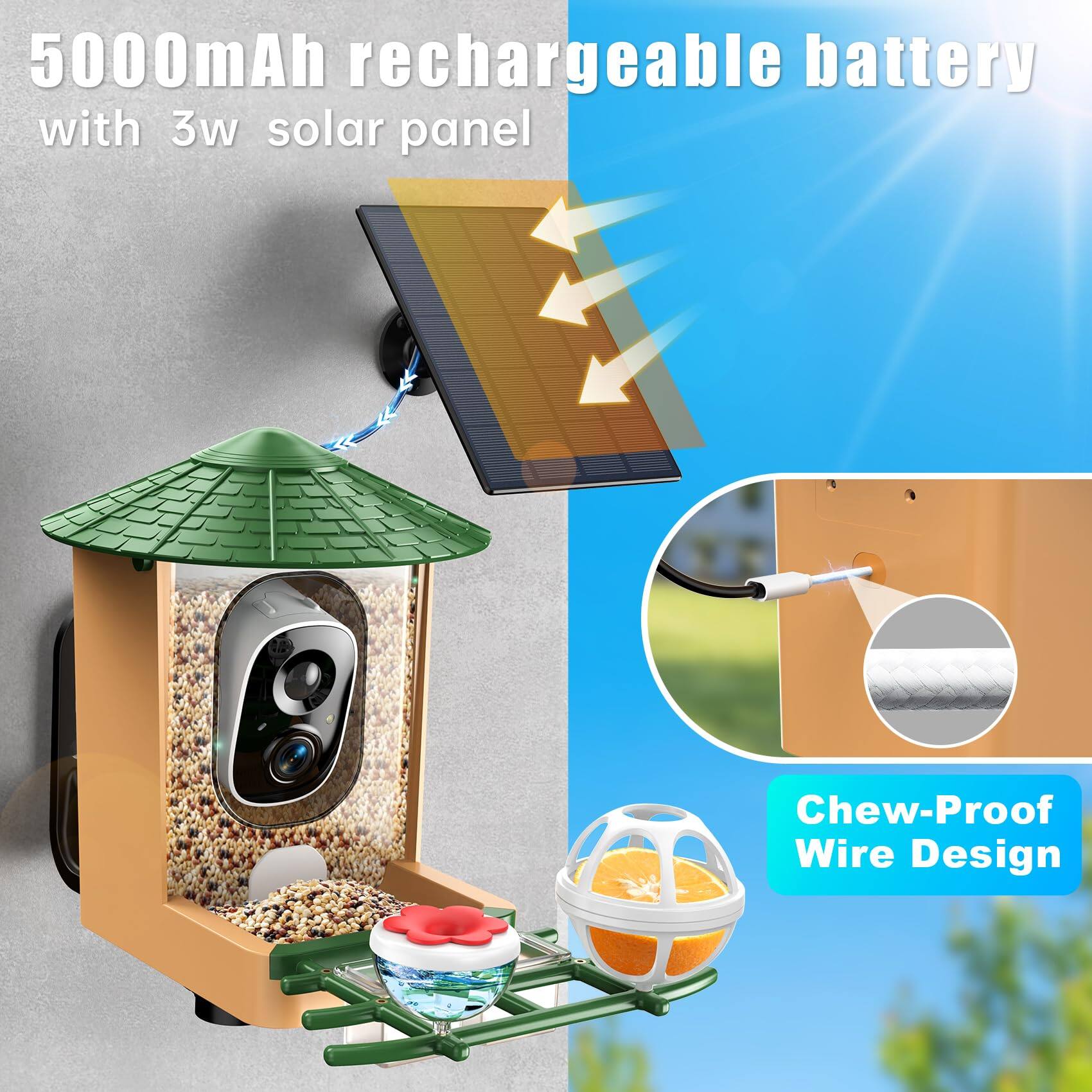 5000mAh rechargeable battery with 3w solar panel  
Chew-Proof Wire Design
