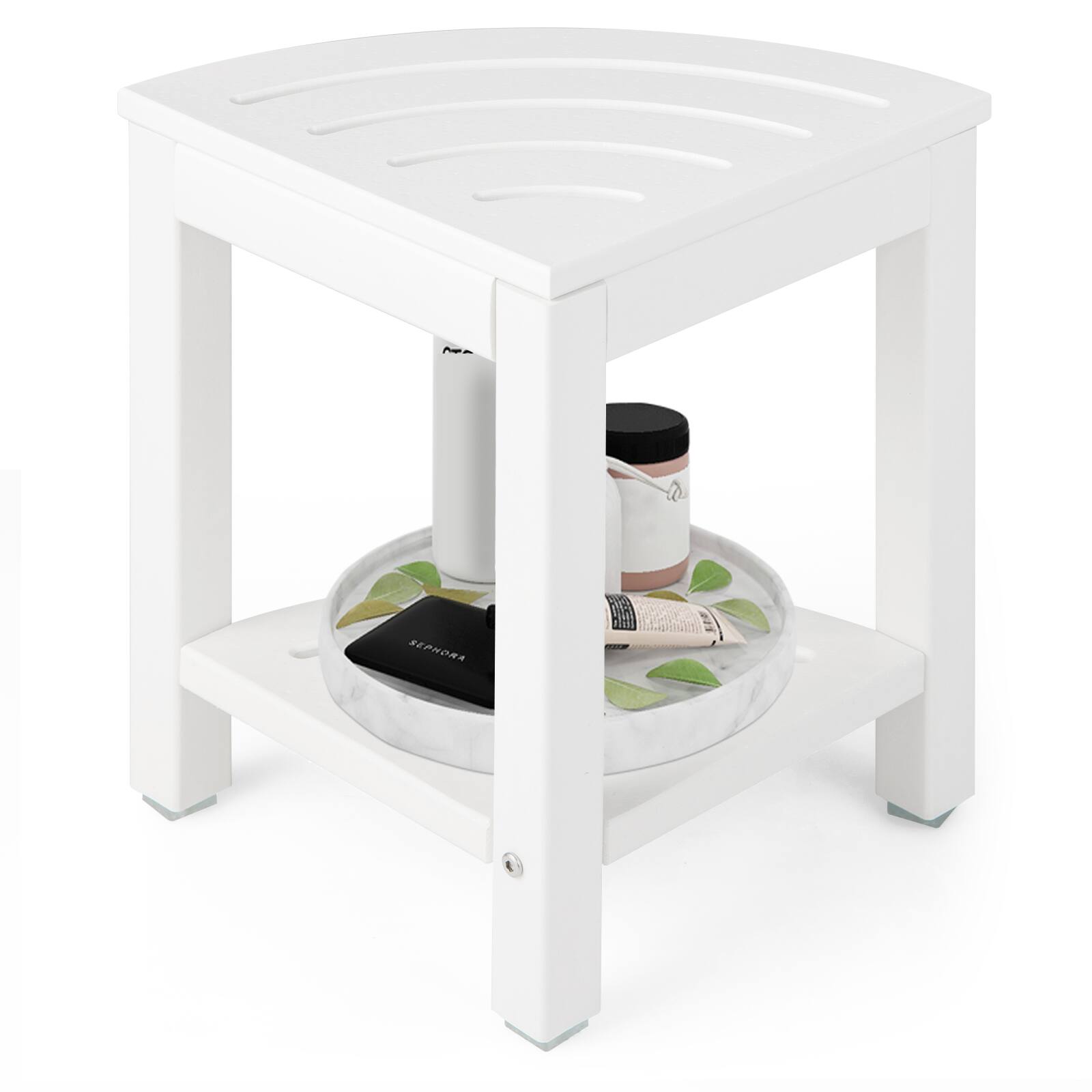 Alt View 4. SlickBlue - Heavy Duty Bathroom Corner Stool with Storage Shelf for Shower Use - White.
