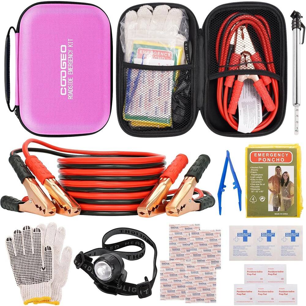 MOSZAR LLC - Car Roadside Emergency Kit w/ Jumper Cables, Pink Safety Set