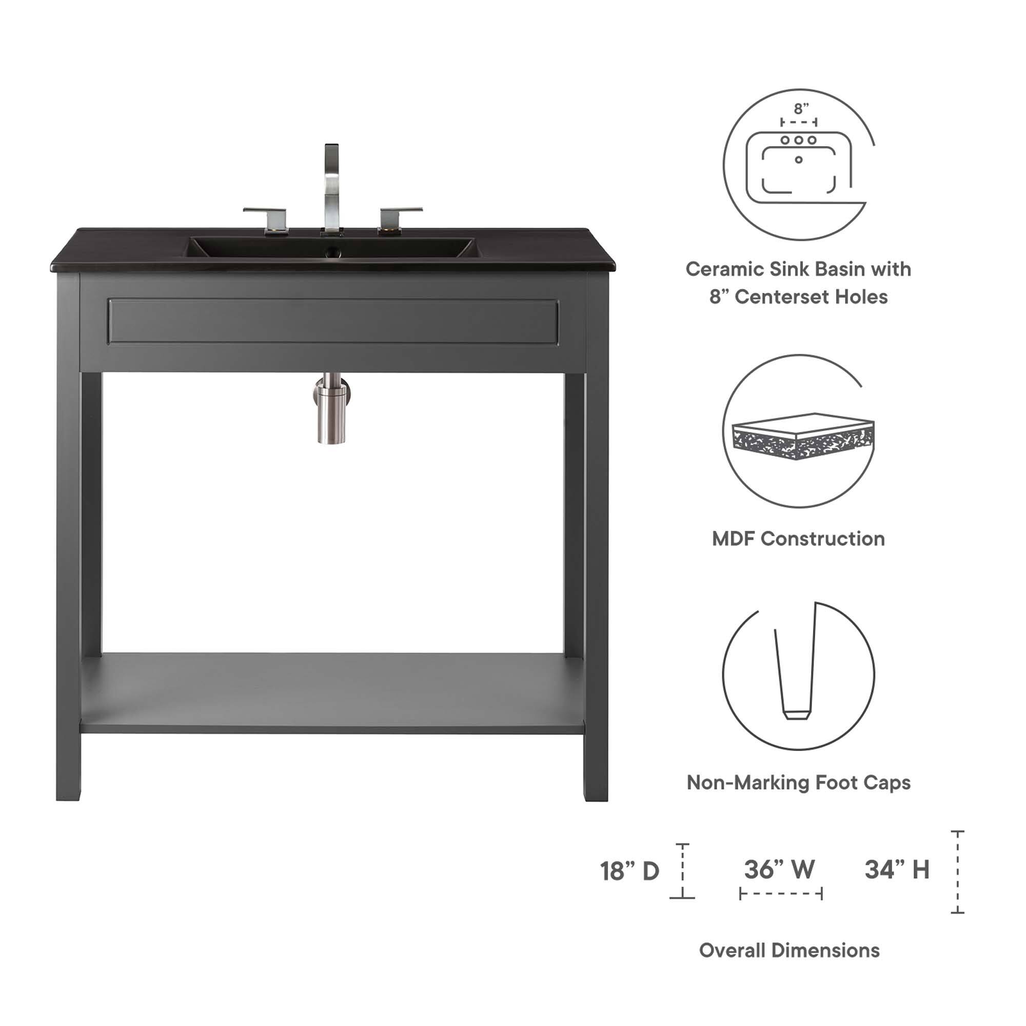 8" Ceramic Sink Basin with 8" Centerset Holes  
MDF Construction  
Non-Marking Foot Caps  
18" D x 36" W x 34" H Overall Dimensions