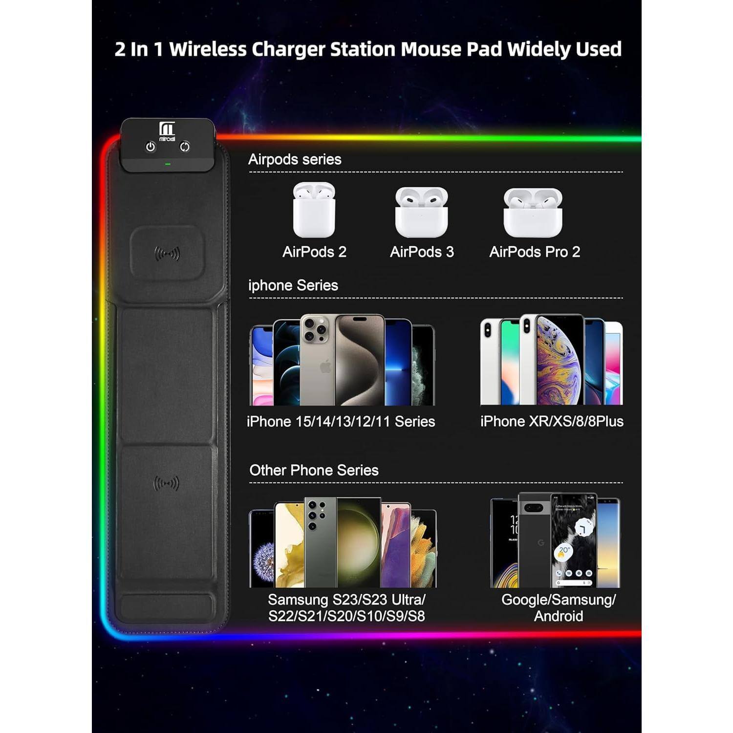 2 In 1 Wireless Charger Station Mouse Pad Widely Used

Airpods series
- AirPods 2
- AirPods 3
- AirPods Pro 2

iPhone Series
- iPhone 15/14/13/12/11 Series
- iPhone XR/XS/8/8Plus

Other Phone Series
- Samsung S23/S23 Ultra/S22/S21/S20/S10/S9/S8
- Google/Samsung/Android