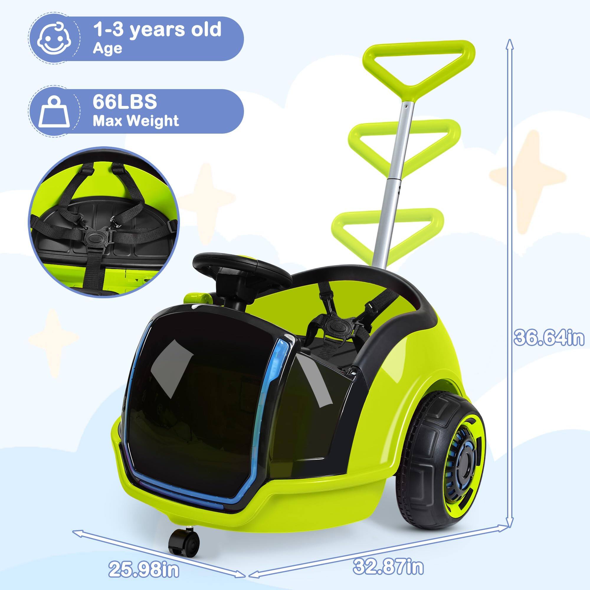 1-3 years old Age  
66LBS Max Weight  
36.64in  
25.98in  
32.87in