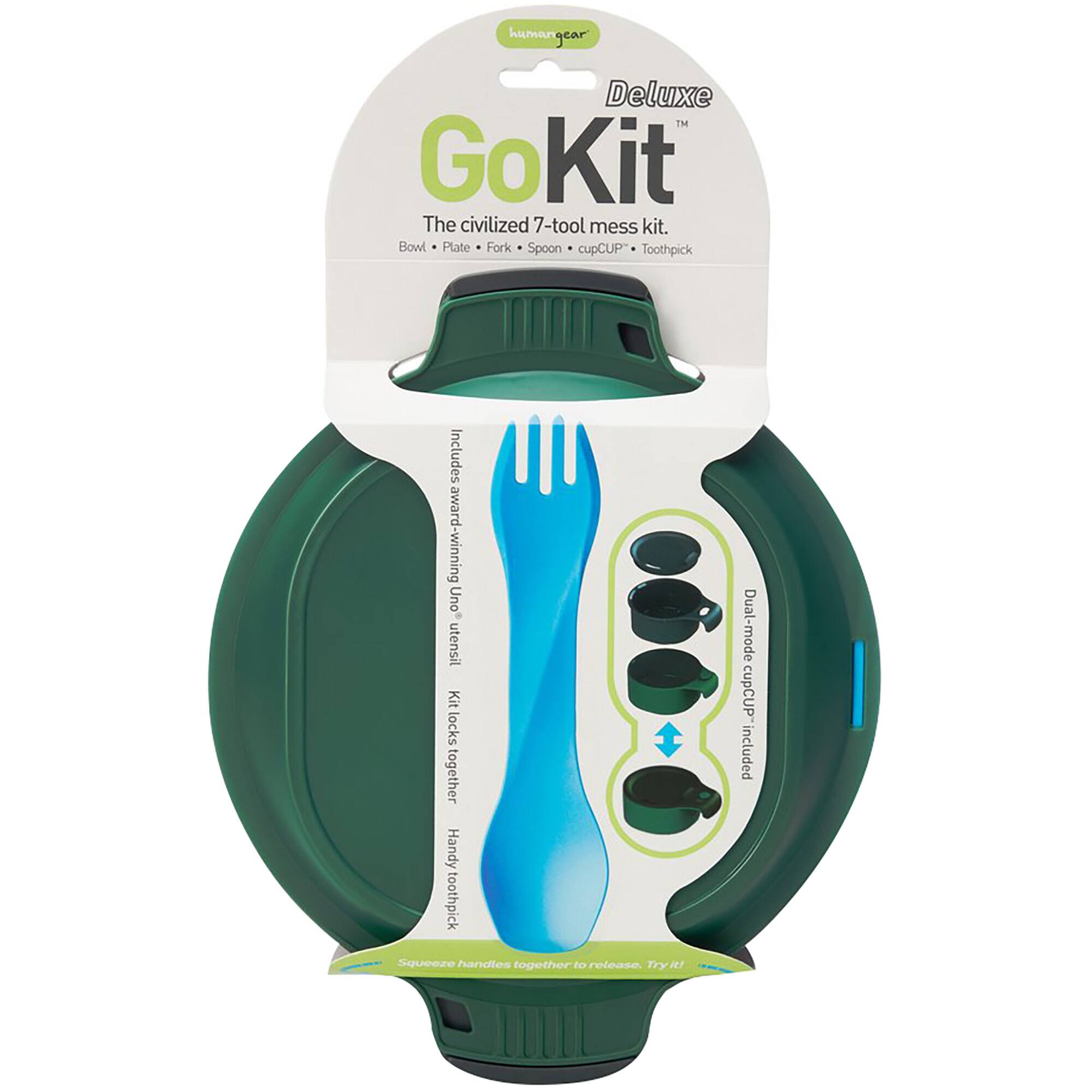 human Deluxe™ GoKit  
The civilized 7-tool mess kit.  
Bowl • Plate • Fork • Spoon • cupCUP™ • Toothpick  

Includes award-winning Uno utensil  
Kit locks together  
Handy toothpick  
Squeeze handles together to release.  

Dual-mode cupCUP™ included