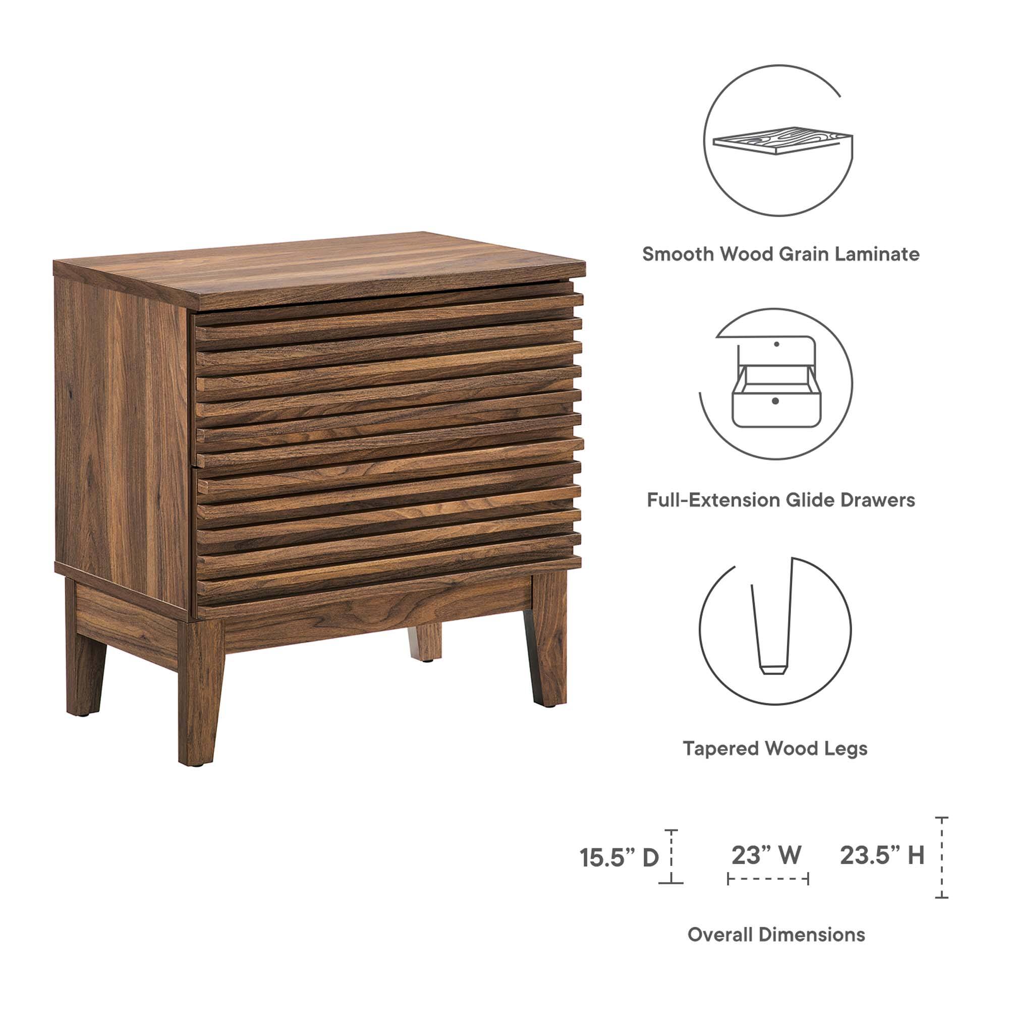 Smooth Wood Grain Laminate  
Full-Extension Glide Drawers  
Tapered Wood Legs  

Overall Dimensions:  
15.5" D x 23" W x 23.5" H
