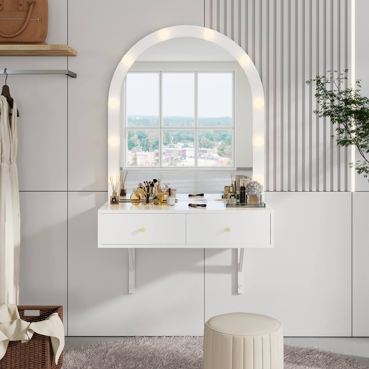 Alt View 8. Loheer - Loheer Floating Makeup Vanity Desk with Mirror and Lights, White Wall Mounted Vanity Desk - White.