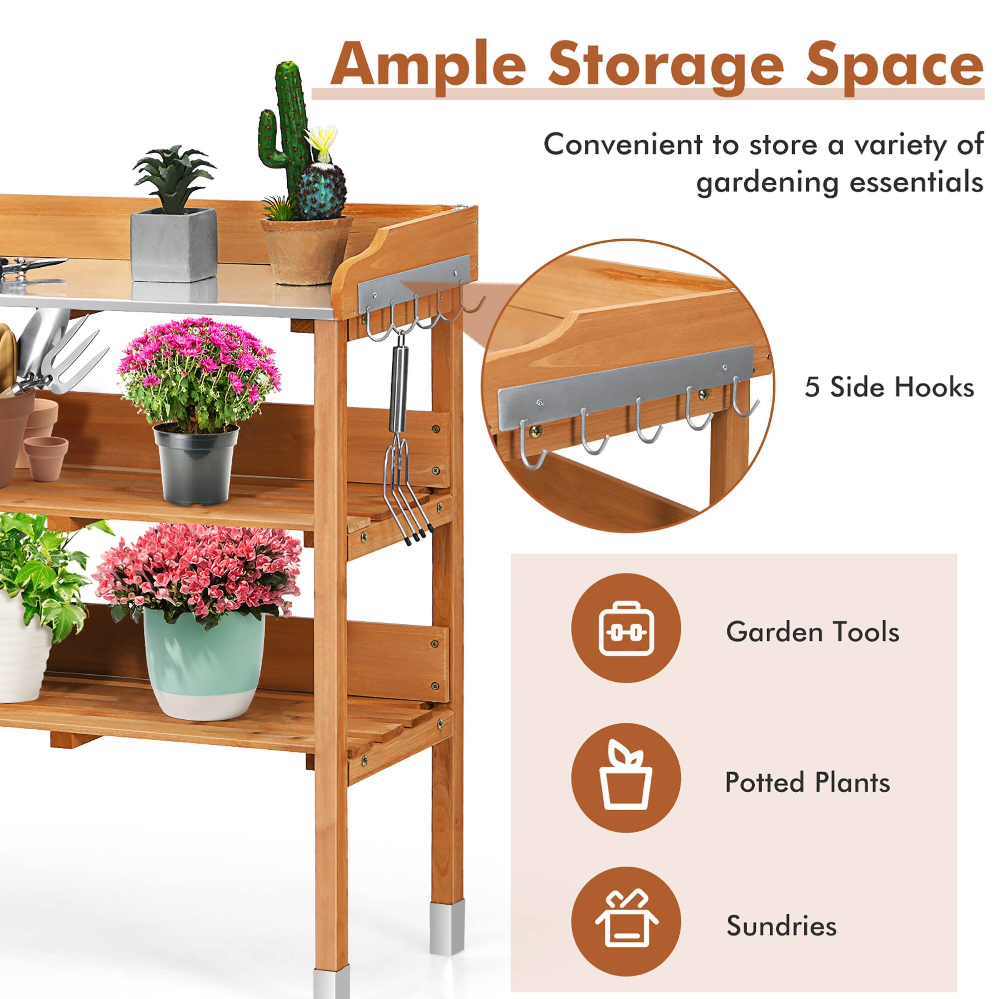 Ample Storage Space: Convenient to store a variety of gardening essentials, including 5 Side Hooks, Garden Tools, Potted Plants, and Sundries.