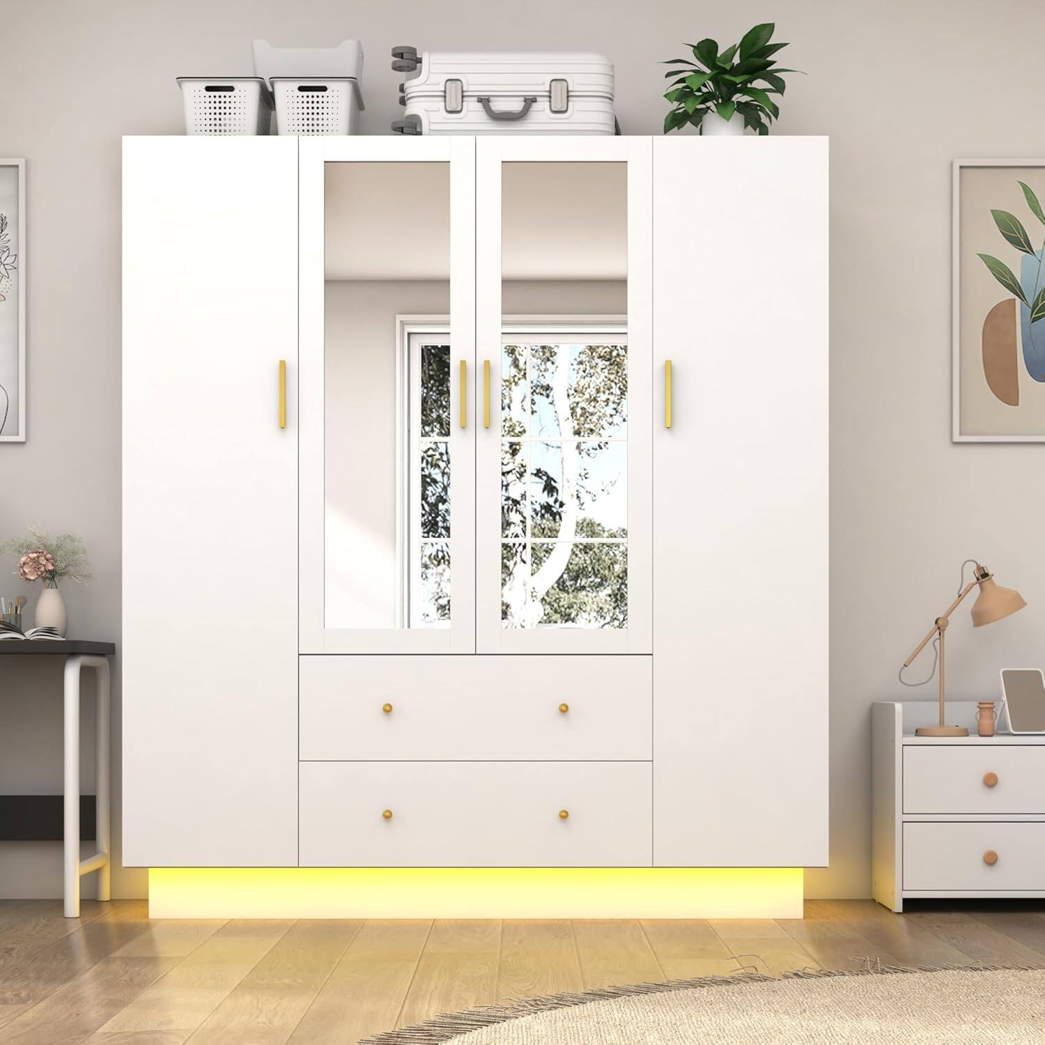 Angle. Espafurni - 4 - Door Modern Wooden Bedroom Wardrobe - Mirrors, LED Lights, Drawers, Shelves & Hanging Rod - White.