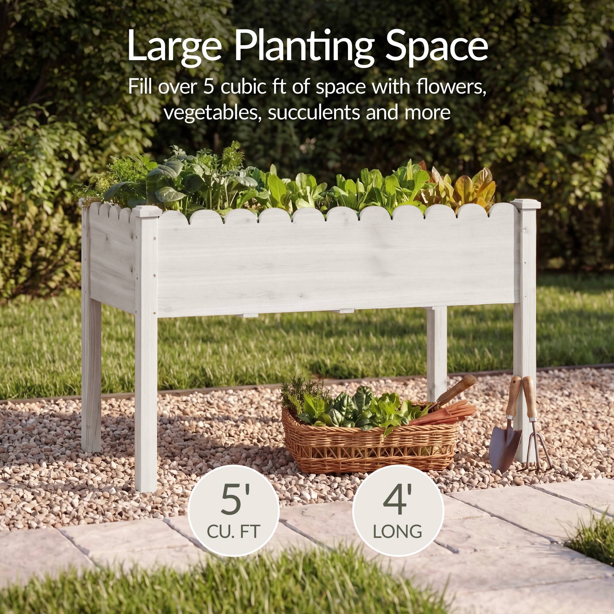 Large Planting Space  
Fill over 5 cubic ft of space with flowers, vegetables, succulents and more  
5' CU. FT  
4' LONG