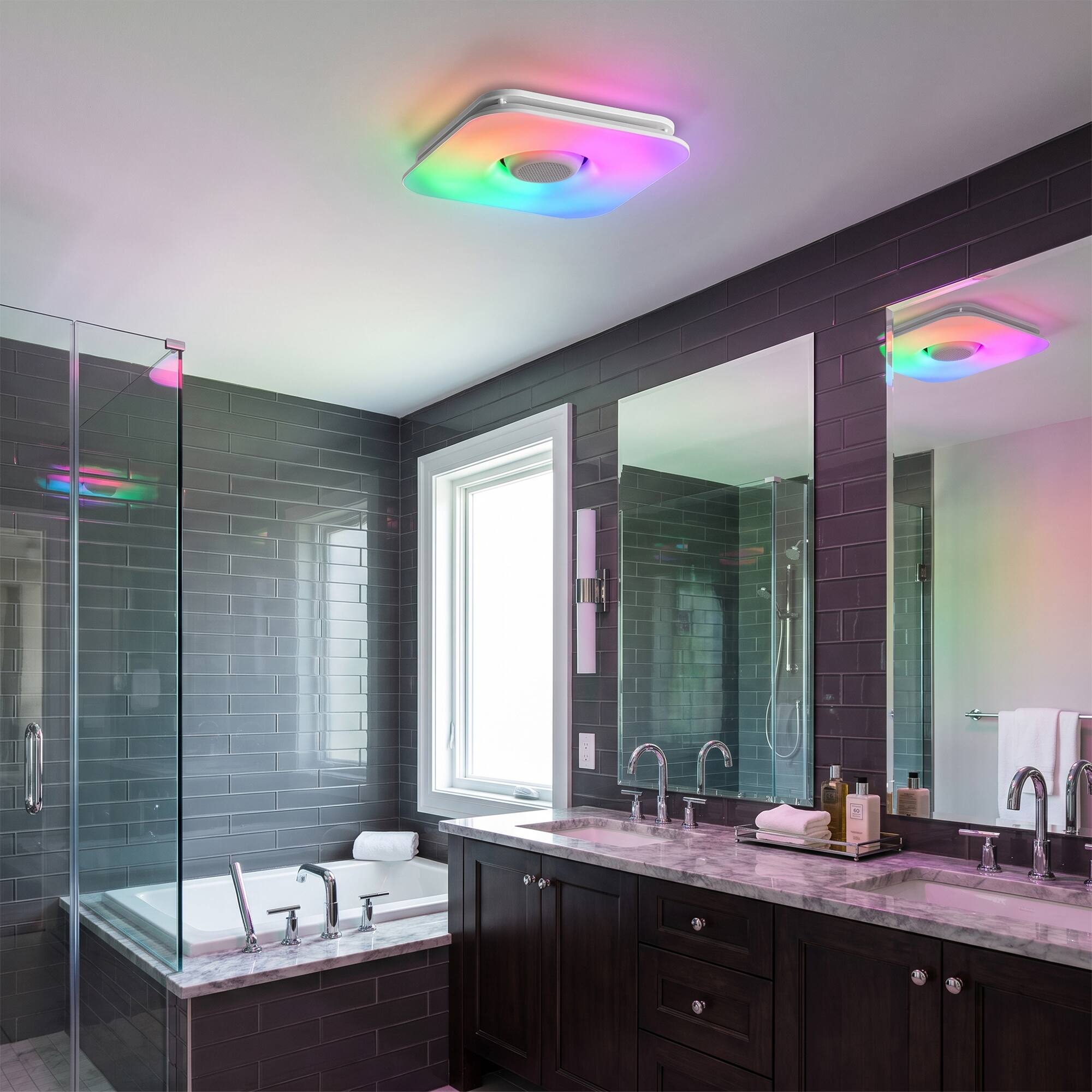 Angle. Parrot Uncle - 12 Inch Smart Bathroom Exhaust Fan with Bluetooth Speaker and RGB LED, 110 CFM Quiet Vent, App Control - White.