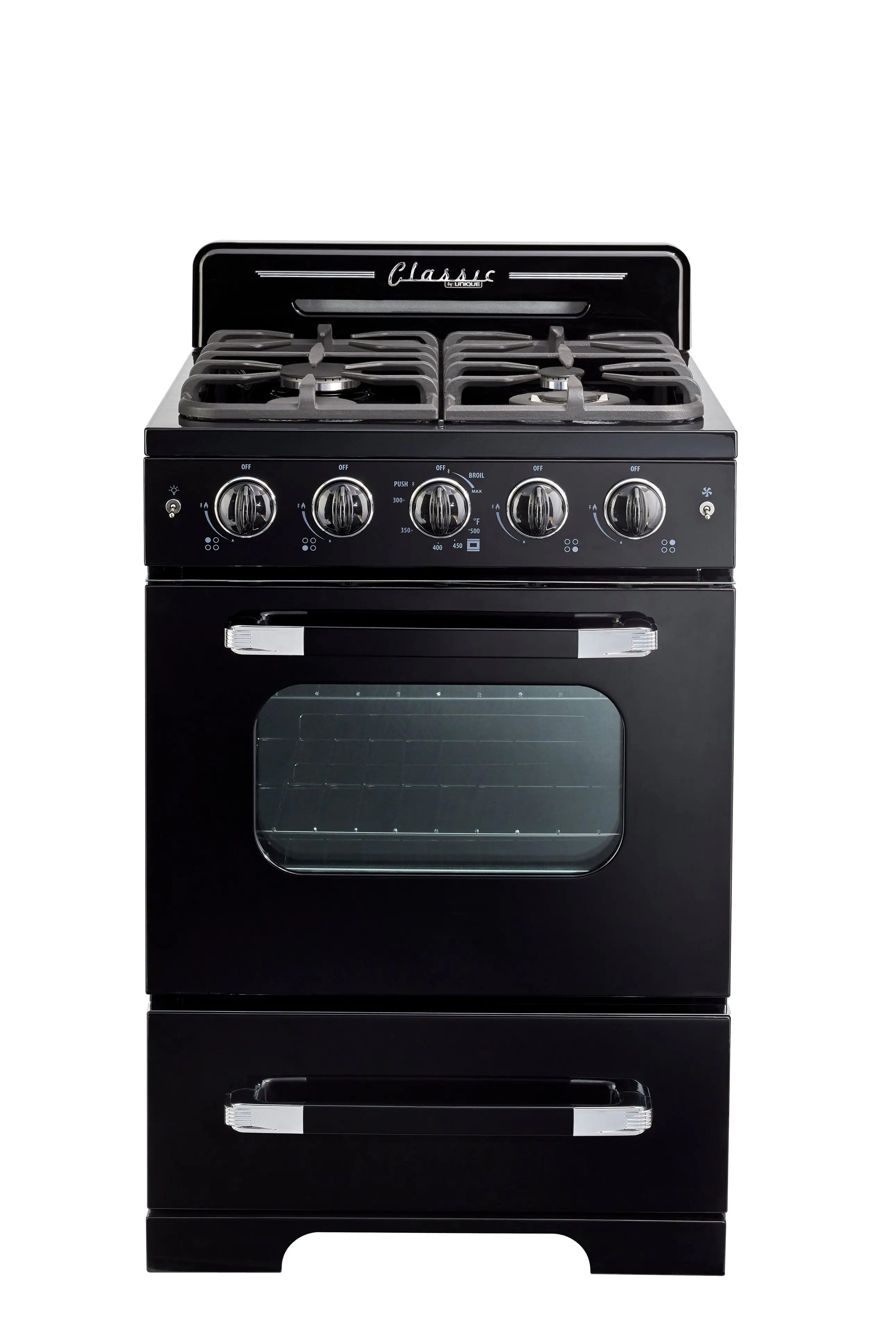 The text on the image reads "Classic 4 burner stove with oven."