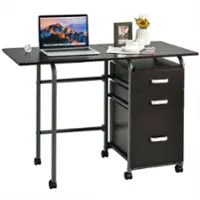 Costway - Folding Computer Laptop Desk Wheeled Home Office Furniture with 3 Drawers - Brown - Front_Zoom