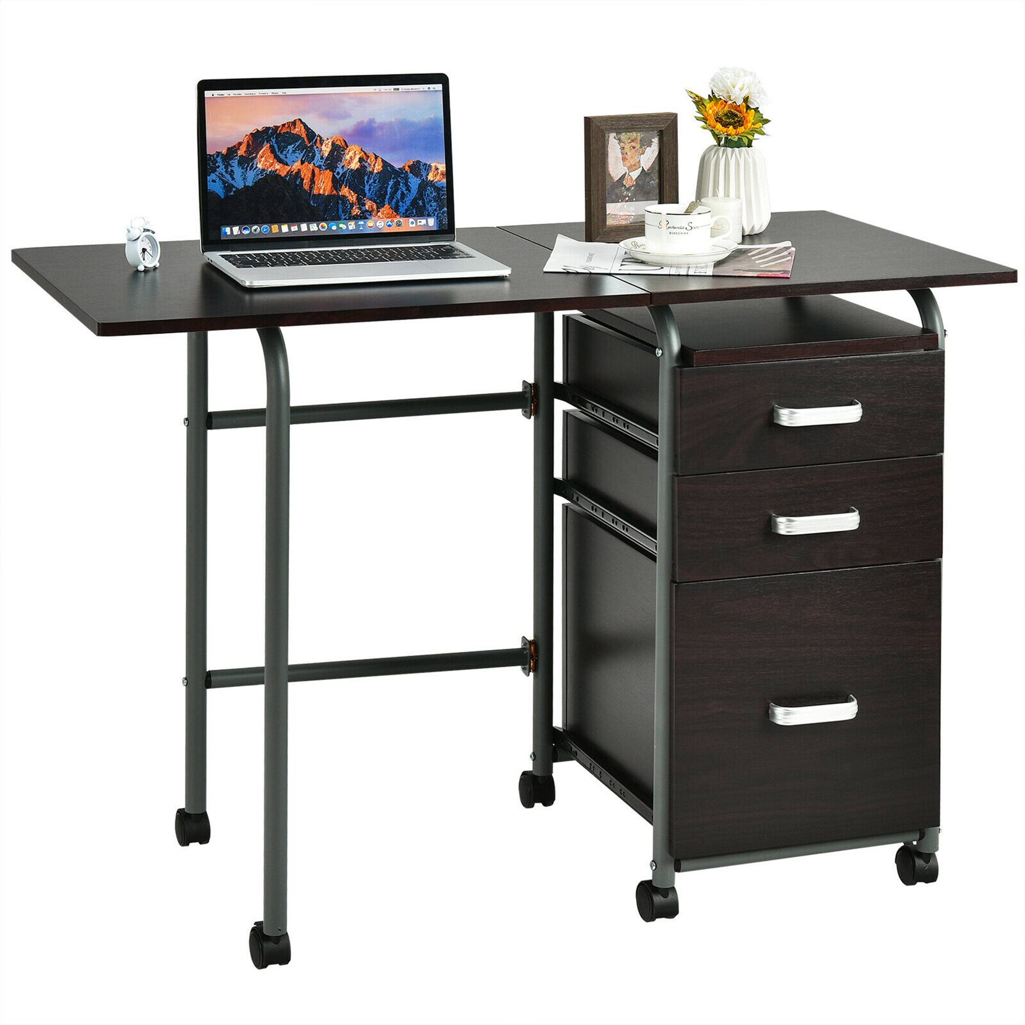 Costway - Folding Laptop Desk with Three Drawers - Brown