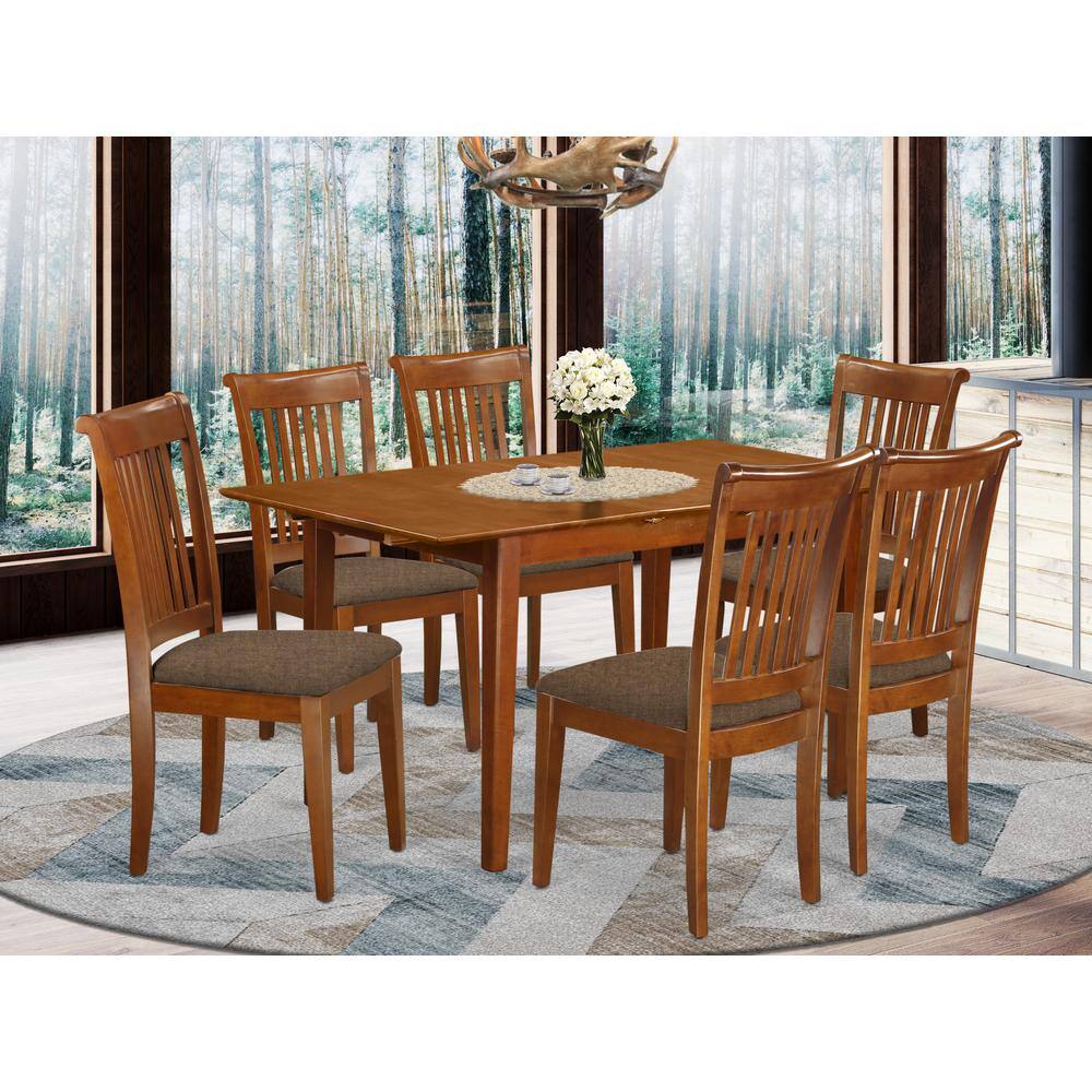 Back. East West Furniture - PSPO7-SBR-C 7 Pc set Rectangular Kitchen Table featuring 12" Leaf and 6Fabric Kitchen Chairs in Saddle Brown - Saddle Brown.
