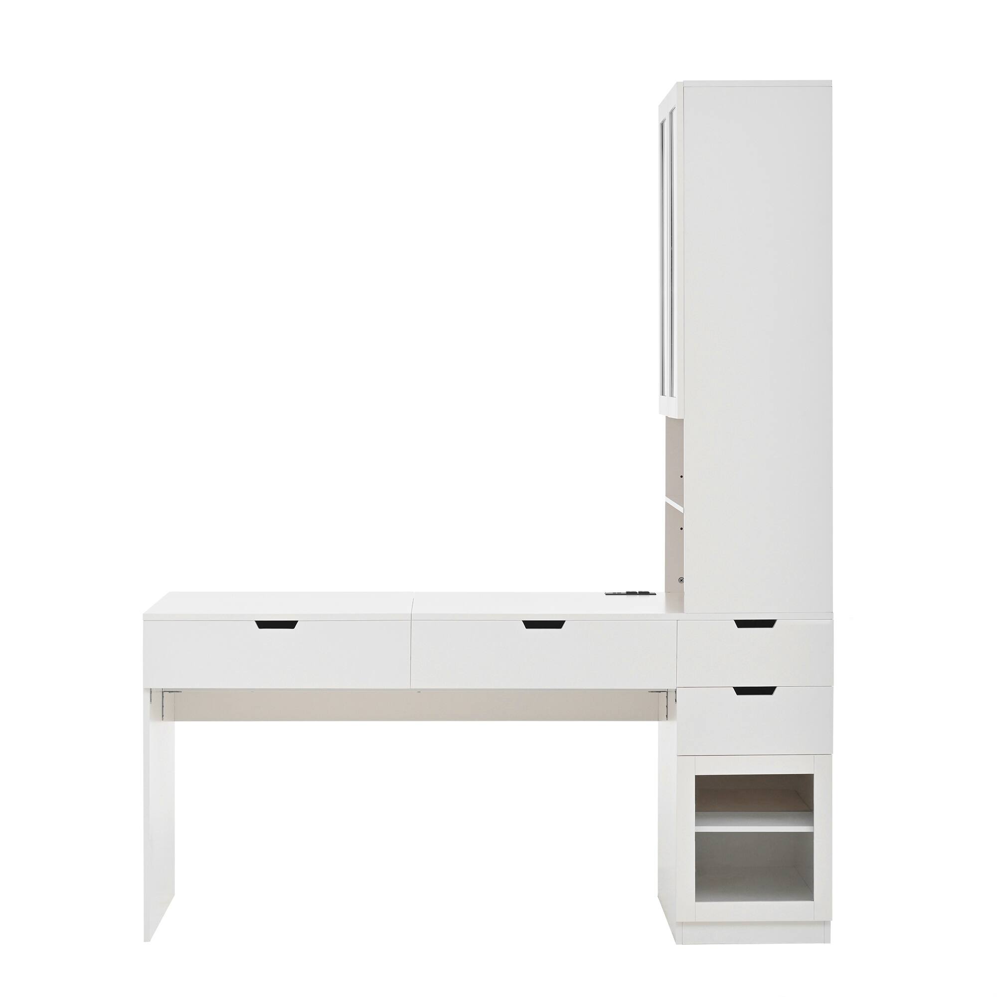 Alt View 6. Tiramisubest - Versatile Vanity & Computer Desk with Mirror,Charging Station,Hidden Compartments,3 Drawers,2 Cabinets and Shelves,White - White.