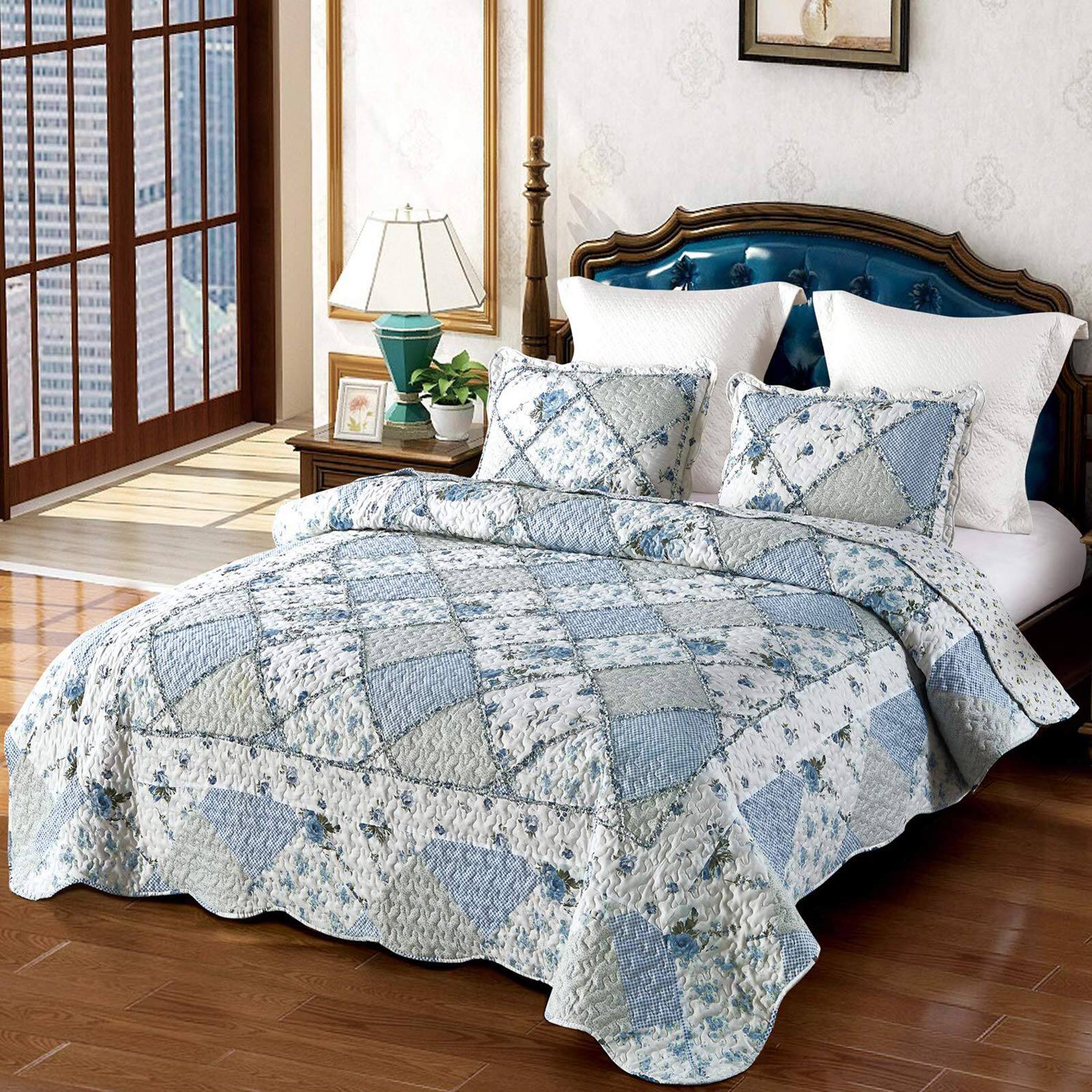 Front. Dapper Styles - Patchwork Quilt Set Quilted Bedspread Coverlet 3-piece Lightweight Comforter Floral Reversible Stitched Bed... - Blue-Queen Size.