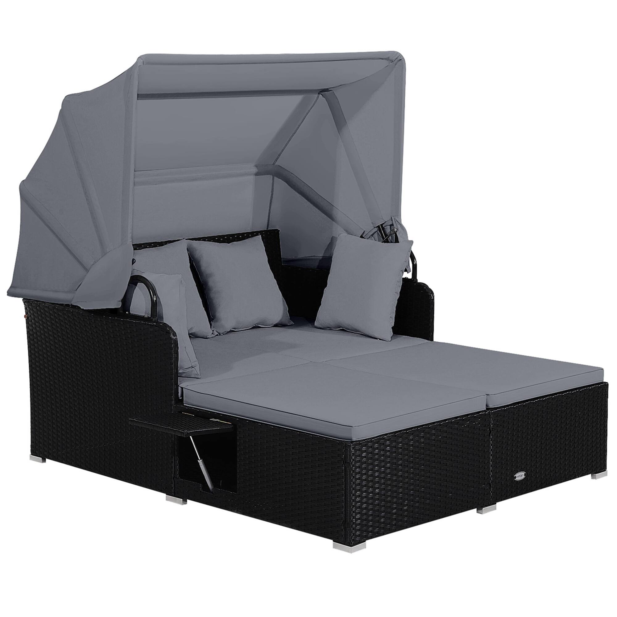 Costway - Patio Rattan Daybed Lounge Retractable Top Canopy Side Tables Cushions - Grey