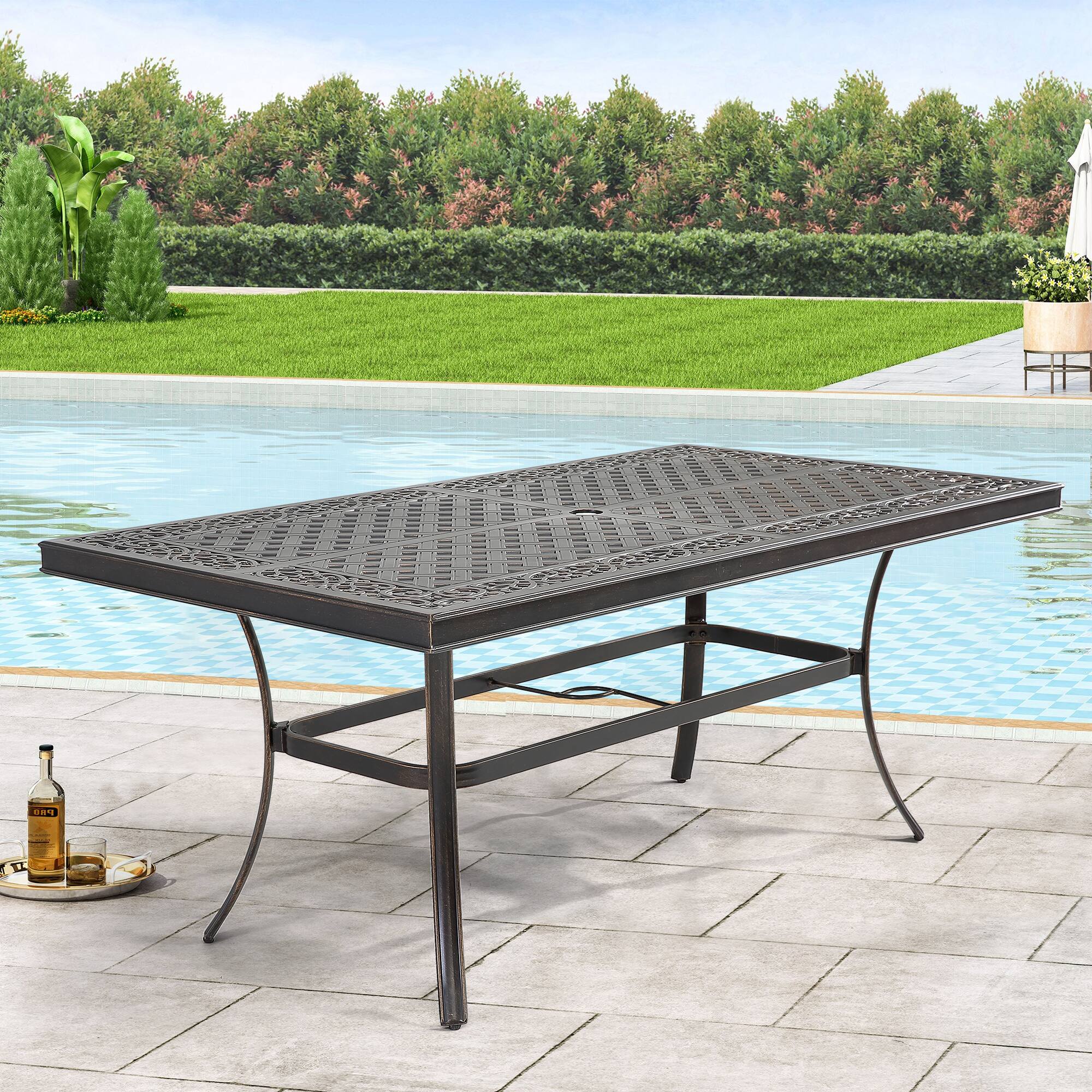 Left. Mondawe - Patio Rectangle Cast Aluminum Dining Table with Umbrella Hole - Black.