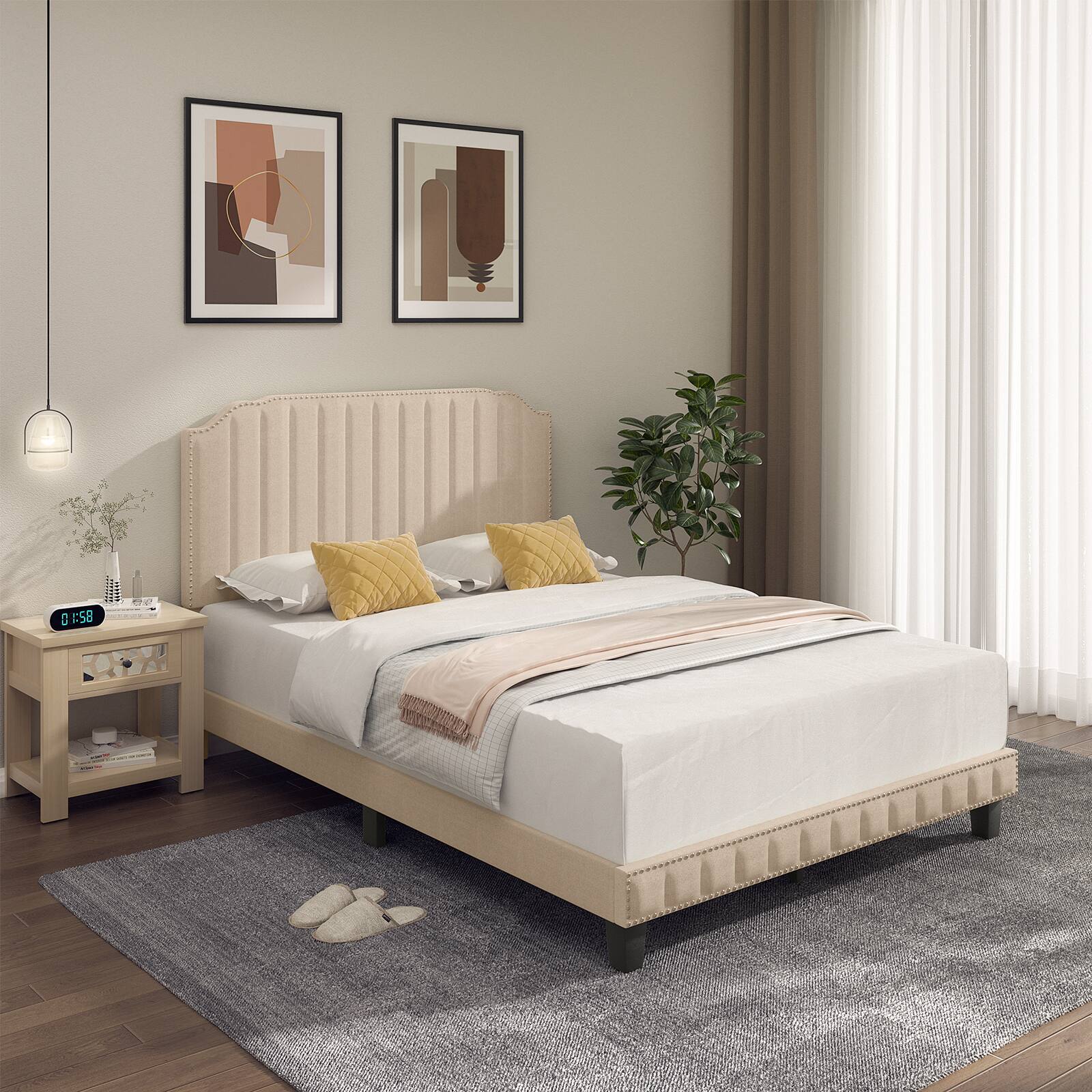 Alt View 1. Ecooso - Heavy Duty Upholstered Bed Frame with Rivet Detail Headboard for Stability - Beige.