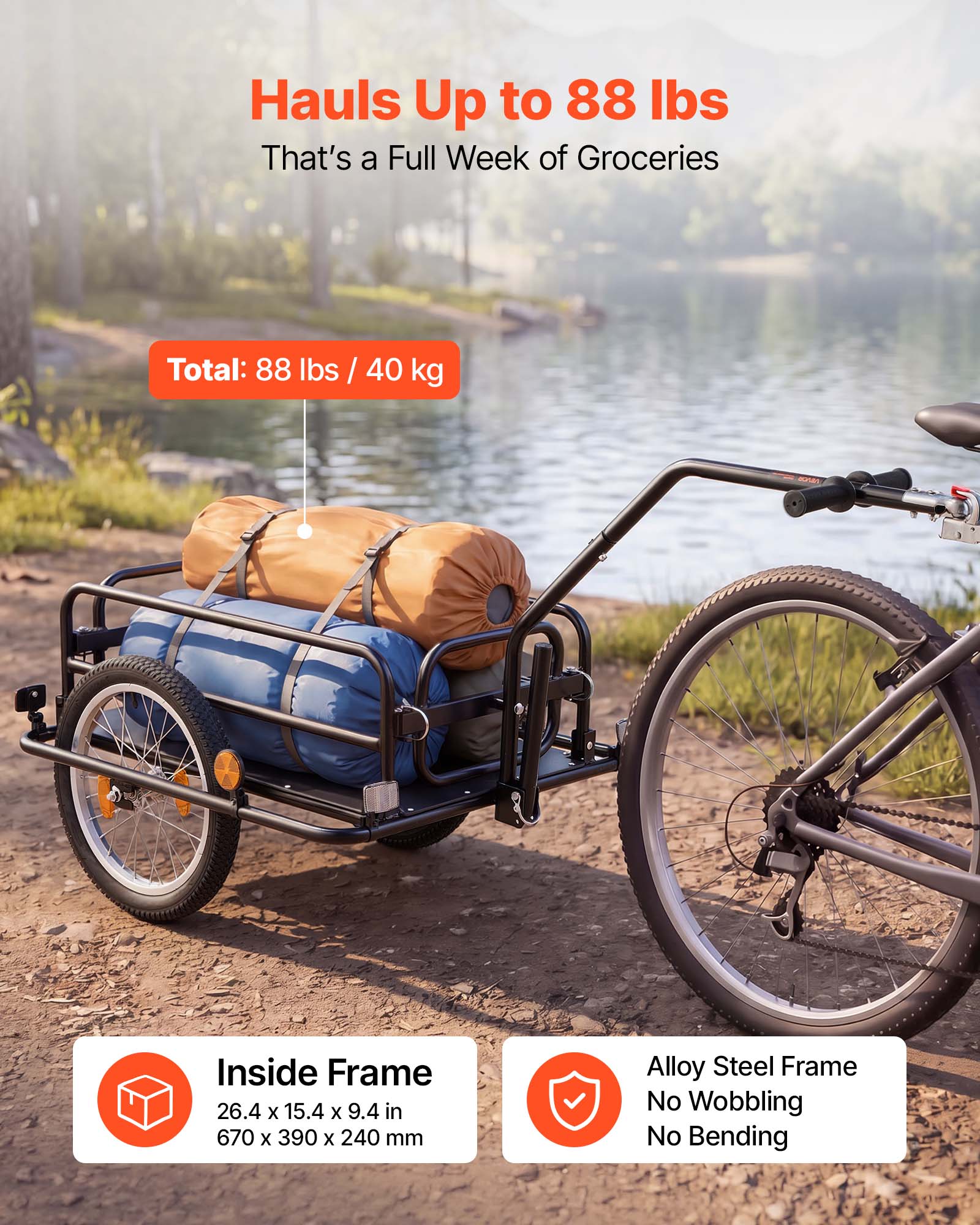 Hauls Up to 88 lbs  
That's a Full Week of Groceries  

Total: 88 lbs / 40 kg  

Inside Frame  
26.4 x 15.4 x 9.4 in  
670 x 390 x 240 mm  

Alloy Steel Frame  
No Wobbling  
No Bending