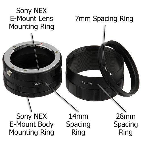 Sure, here is the corrected and grouped text:

- Sony NEX E-Mount Lens Mounting Ring
- 7mm Spacing Ring
- 14mm Spacing Ring
- 28mm Spacing Ring
- Sony NEX E-Mount Body Mounting Ring
