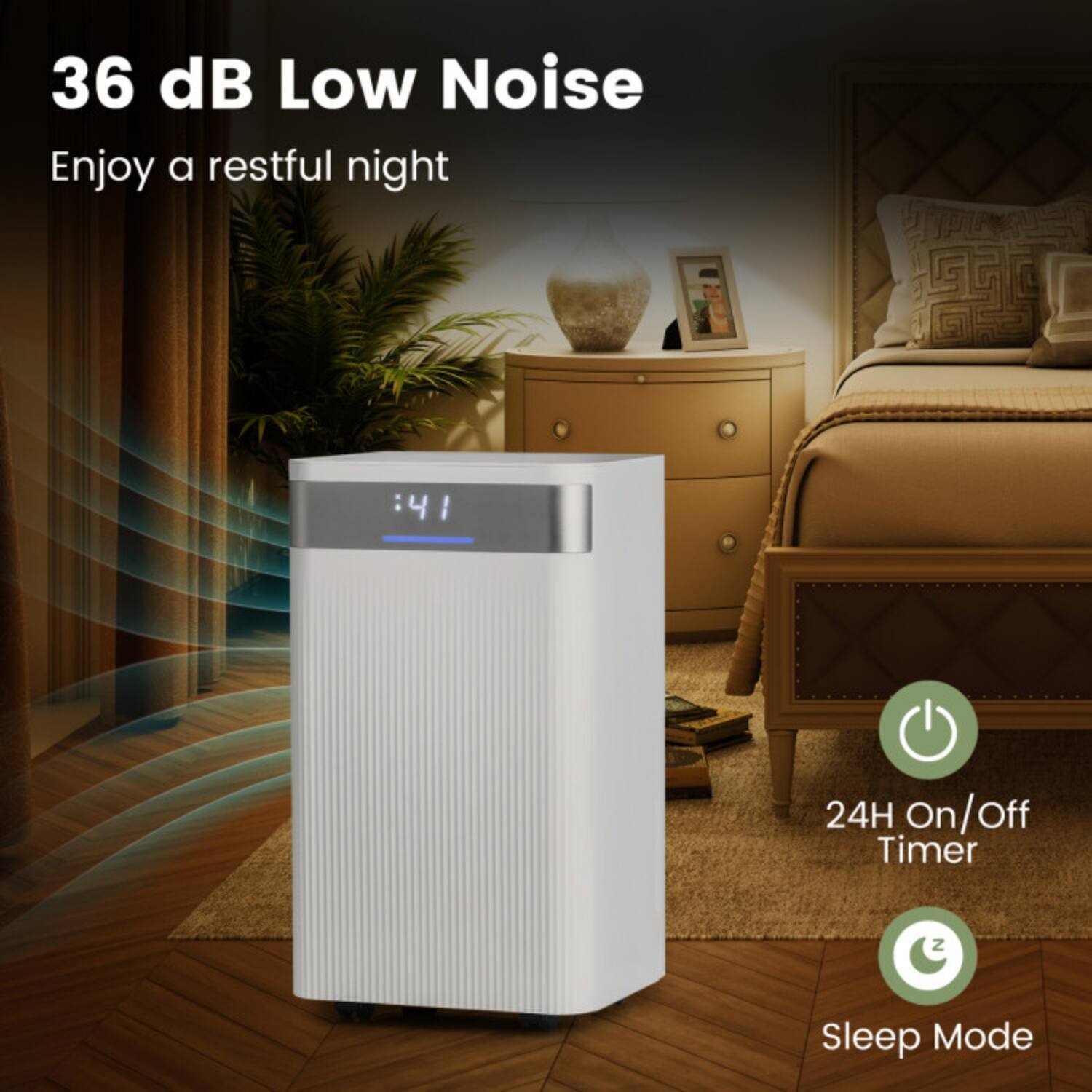 36 dB Low Noise  
Enjoy a restful night  

24H On/Off Timer  
Sleep Mode