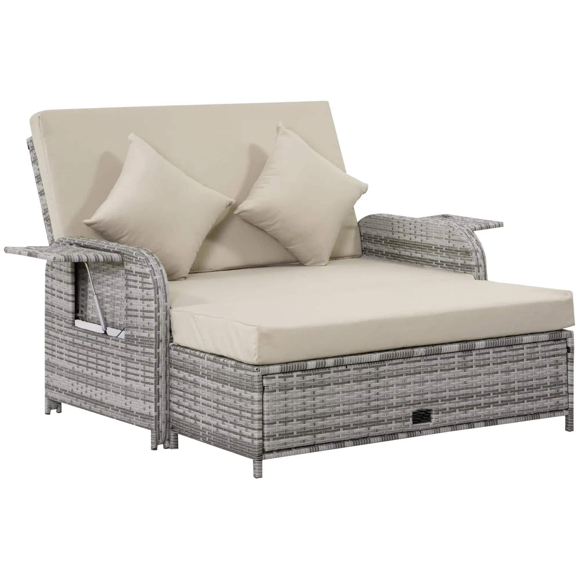 Resenkos - Patio Rattan Luxury Set With Cushions, Wicker Loveseat Lounger, Storage Ottoman - Khaki