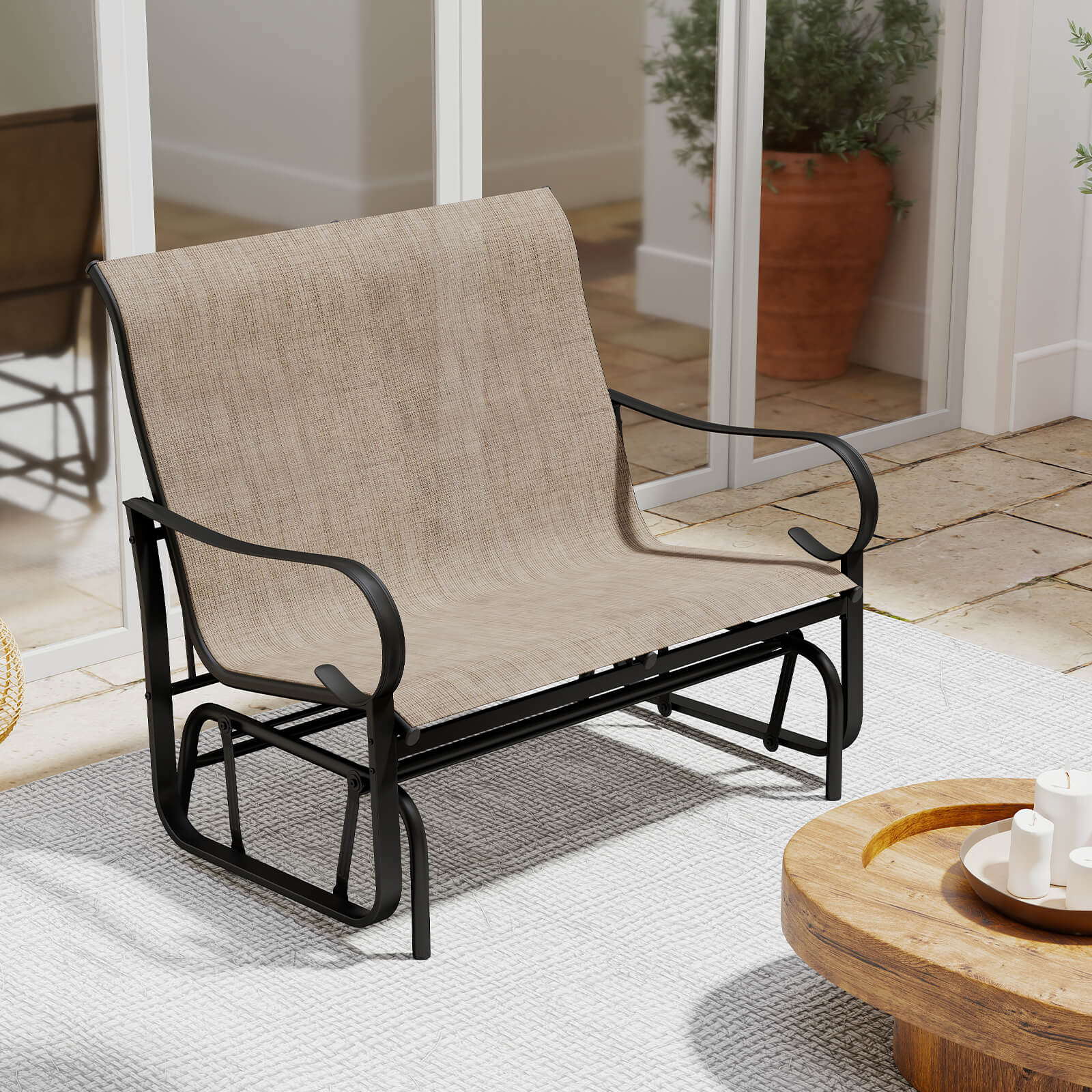 Alt View 3. Costway - Costway Patio Gilder Bench 2-Person Fabric Rocking Chair with High Backrest - Mix Brown,Black.