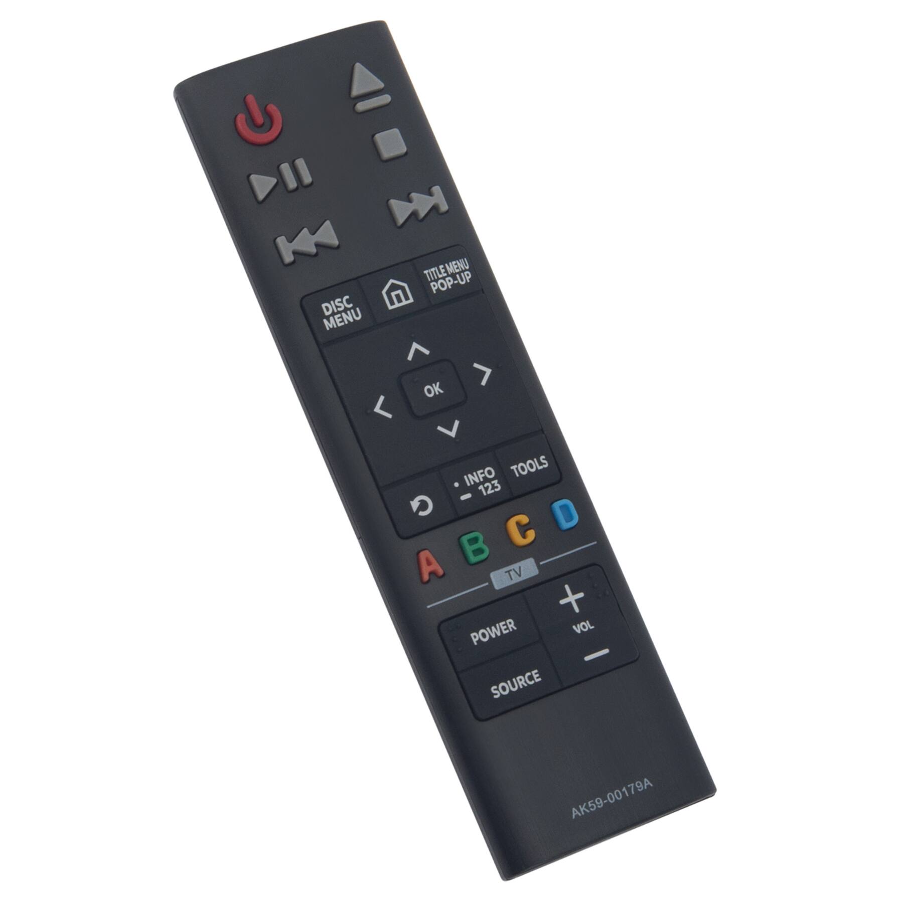 DISC MENU TITLE MENU POP-UP  
OK INFO TOOLS 123  
A B C D  
TV + POWER SOURCE  
AK59-00179A