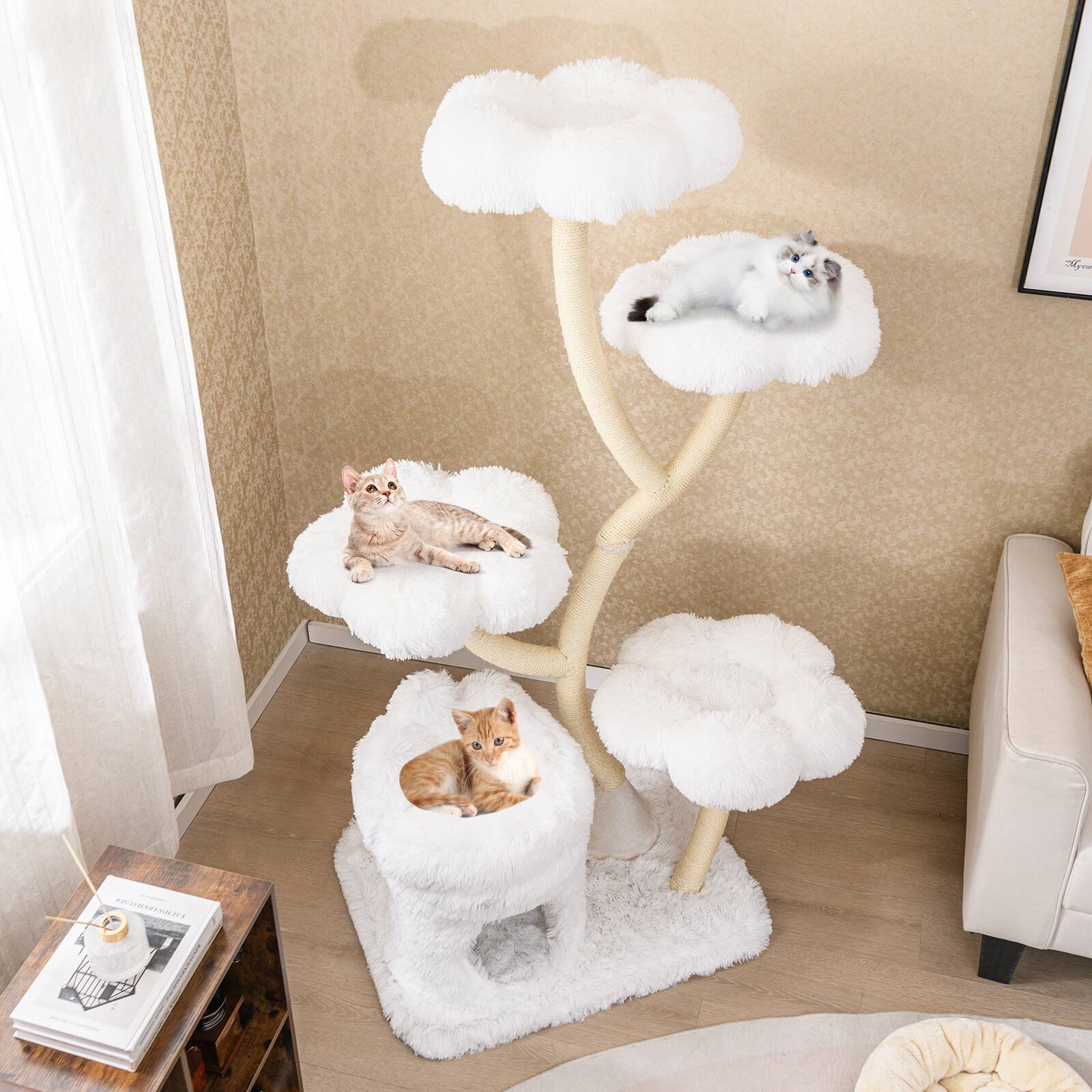 Alt View 3. Gymax - Gymax Freestanding Cat Tower Tall Cat Tree w/ four Flower-shaped Platforms Cat Condo White - GYM17358.