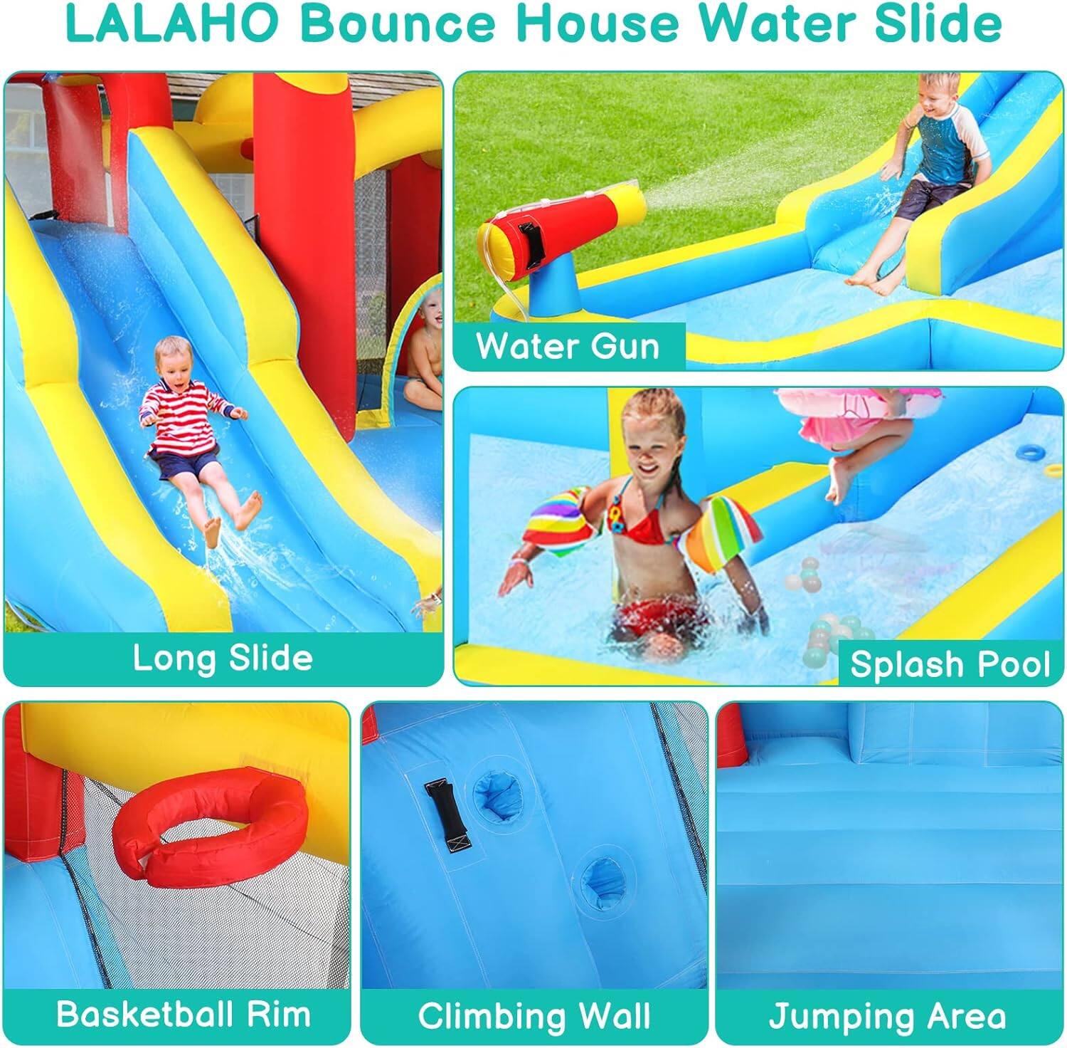 LALAHO Bounce House Water Slide  
- Water Gun  
- Long Slide  
- Splash Pool  
- Basketball Rim  
- Climbing Wall  
- Jumping Area