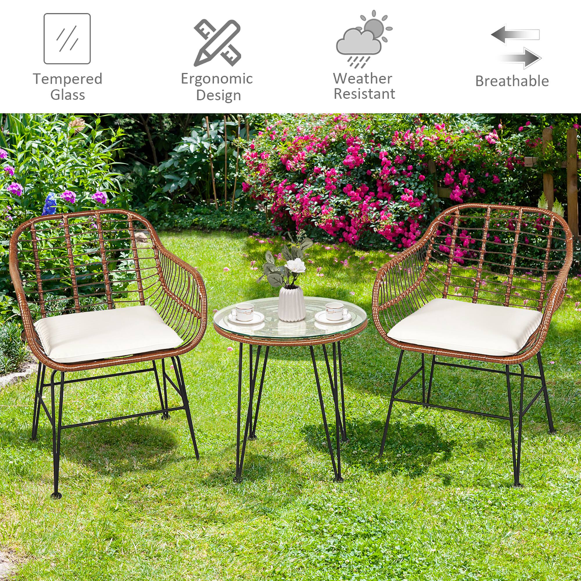 The image features a patio set with a table and two chairs. The table is made of tempered glass, providing a durable and safe surface for outdoor use. The chairs are designed ergonomically, ensuring comfort and support for the user. The patio set is also weather resistant, making it suitable for use in various weather conditions. Additionally, the materials used in the furniture are breathable, allowing for better air circulation and preventing the buildup of moisture.