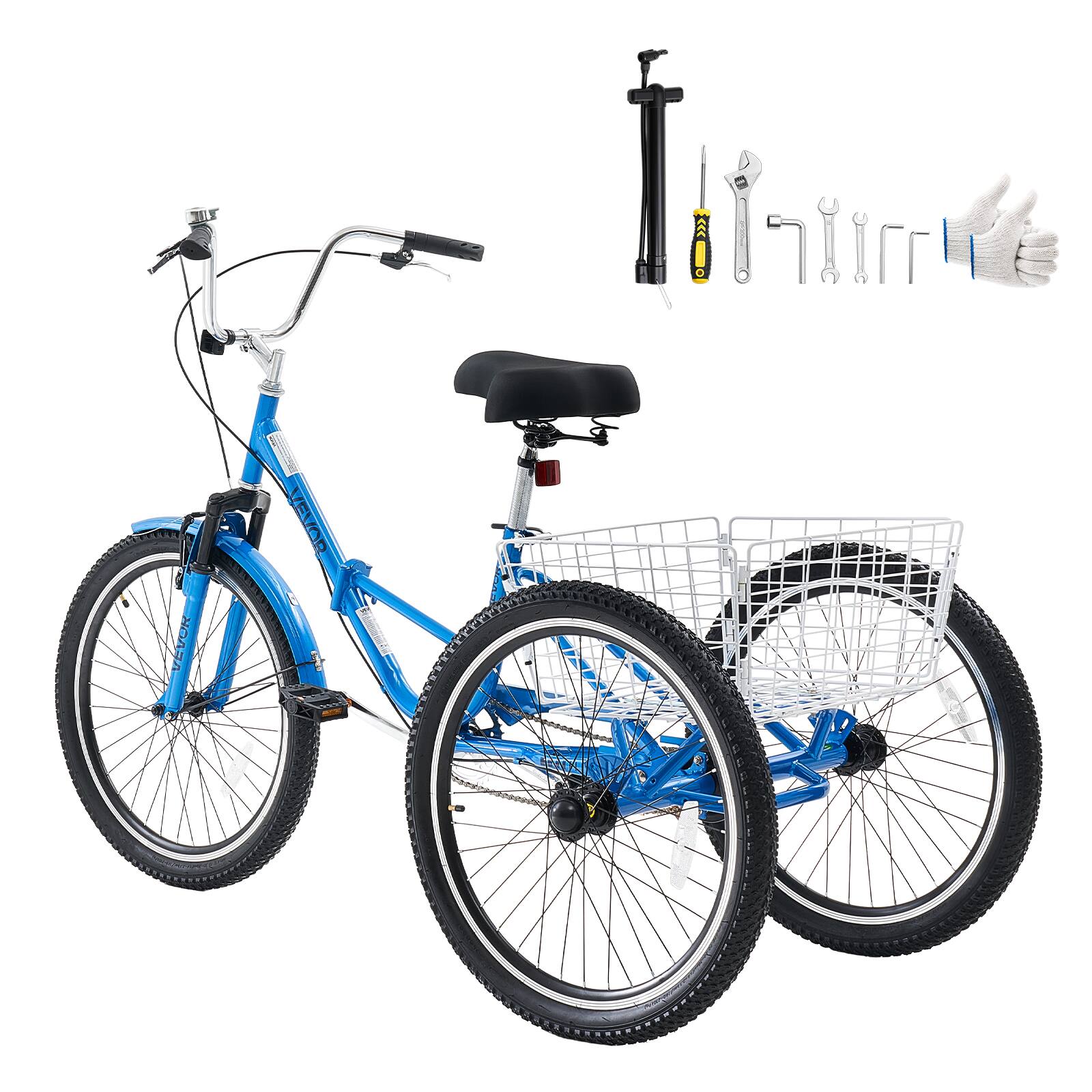 Alt View 5. VEVOR - Folding Adult Tricycle 24 inch 3 Wheel Foldable Trikes for Adult, Cruiser Bike with Cargo Basket, Adjustable Seat - Blue.