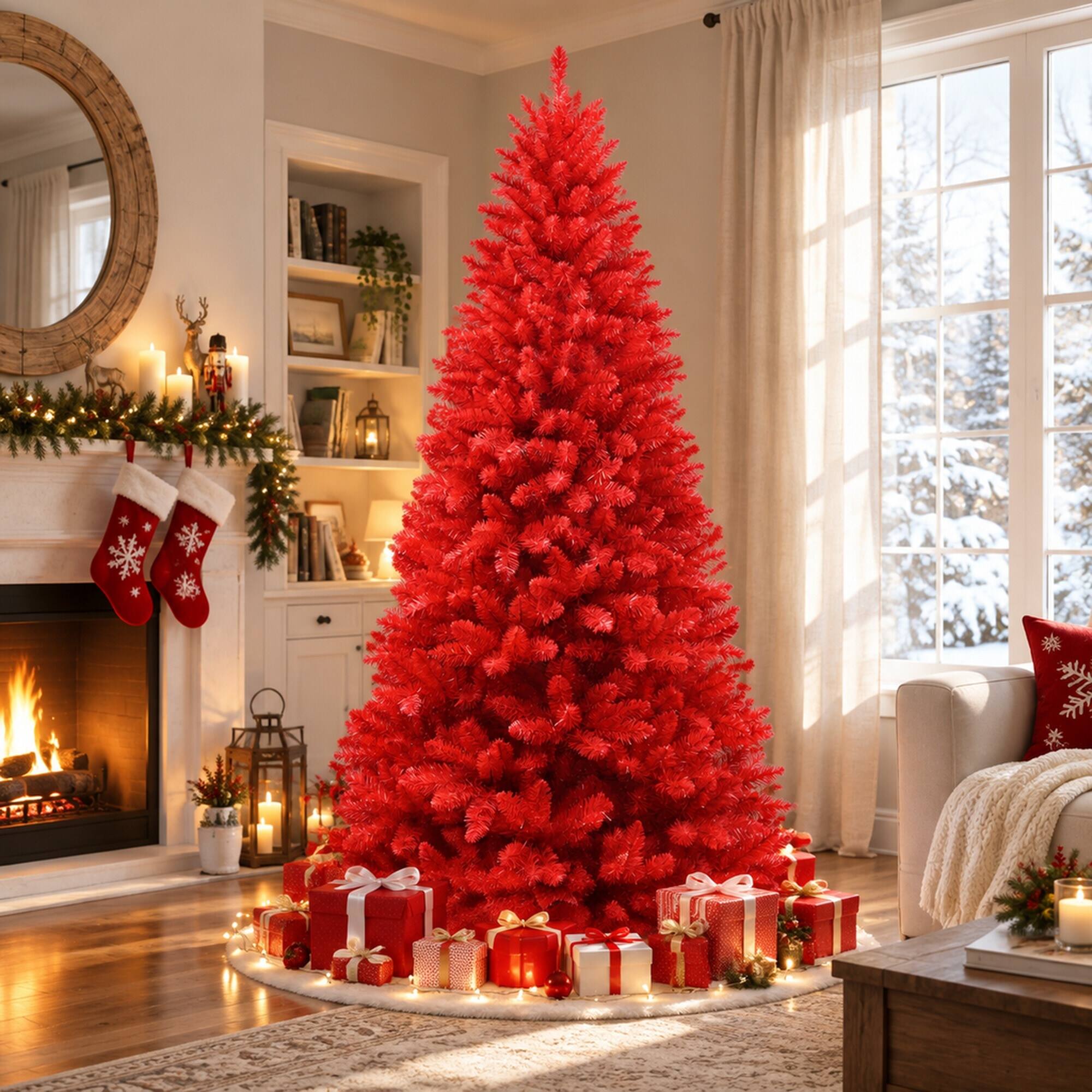 Angle. RYHNUYNE - 6 Ft Pure Red Artificial Christmas Tree With 804 Dense Tips, Hinged Branches Stable Metal Stand For Holiday Decor - Red.