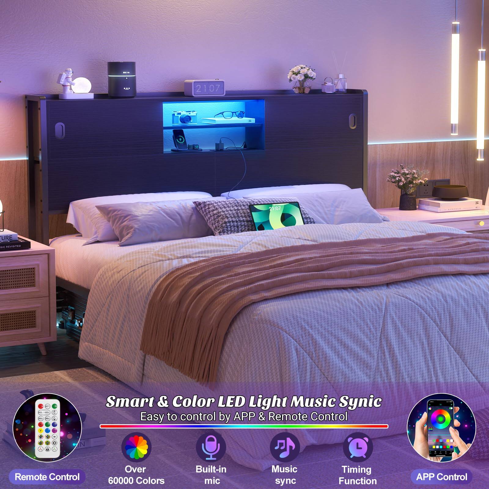 2107 21.07 URE - - 1 . Smart & Color LED Light Music Sync  
Easy to control by APP & Remote Control  
- Remote Control  
- Over 60000 Colors  
- Built-in mic  
- Music sync  
- Timing Function  
- APP Control