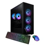 The image features a computer tower with a keyboard and mouse placed in front of it. The keyboard is colorful and has a rainbow design, while the mouse is also colorful and has a purple and green design. The computer tower is black and has a purple and green design as well. The computer setup is likely for gaming or other multimedia purposes, given the vibrant and visually appealing design of the peripherals.