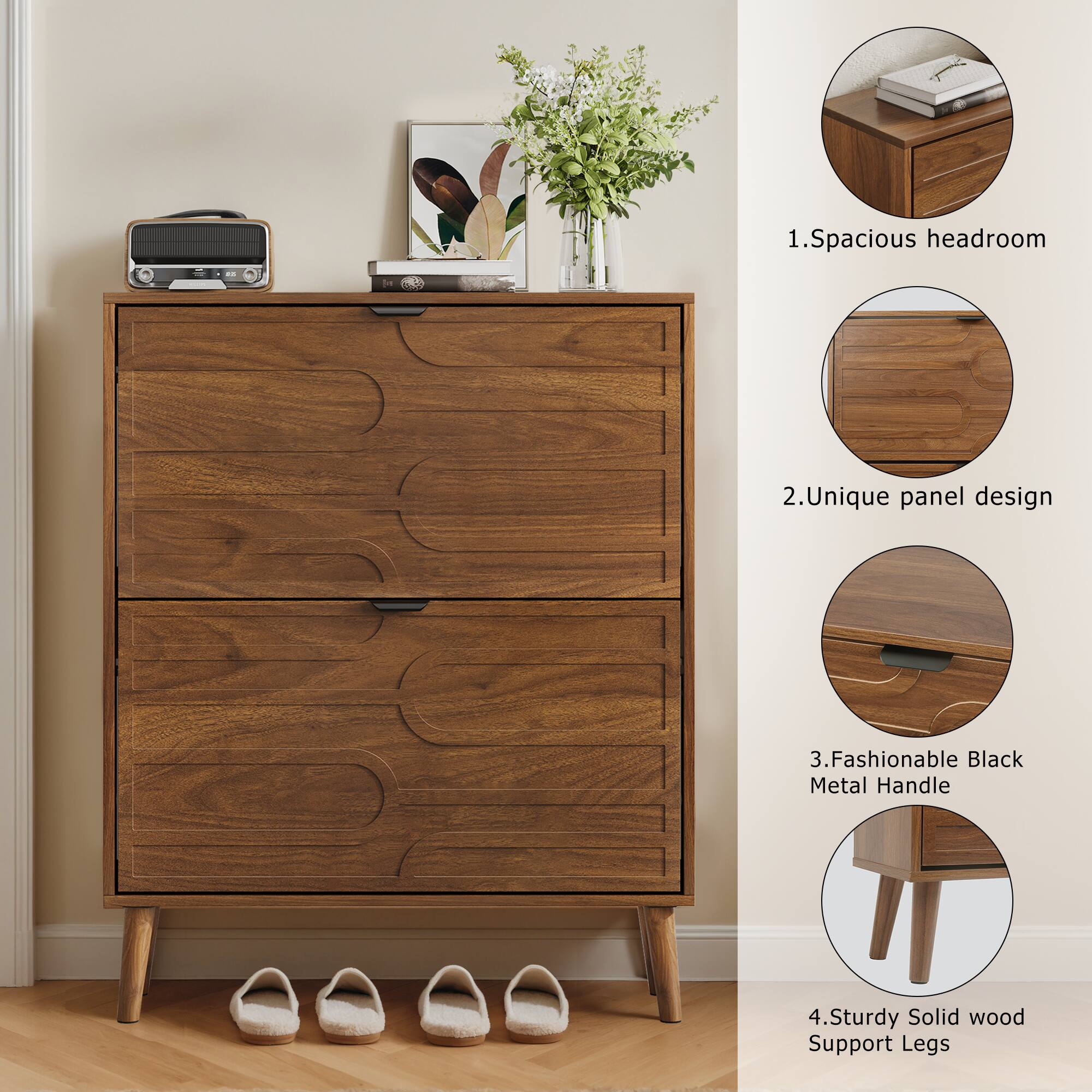 1. Spacious headroom
2. Unique panel design
3. Fashionable Black Metal Handle
4. Sturdy Solid wood Support Legs