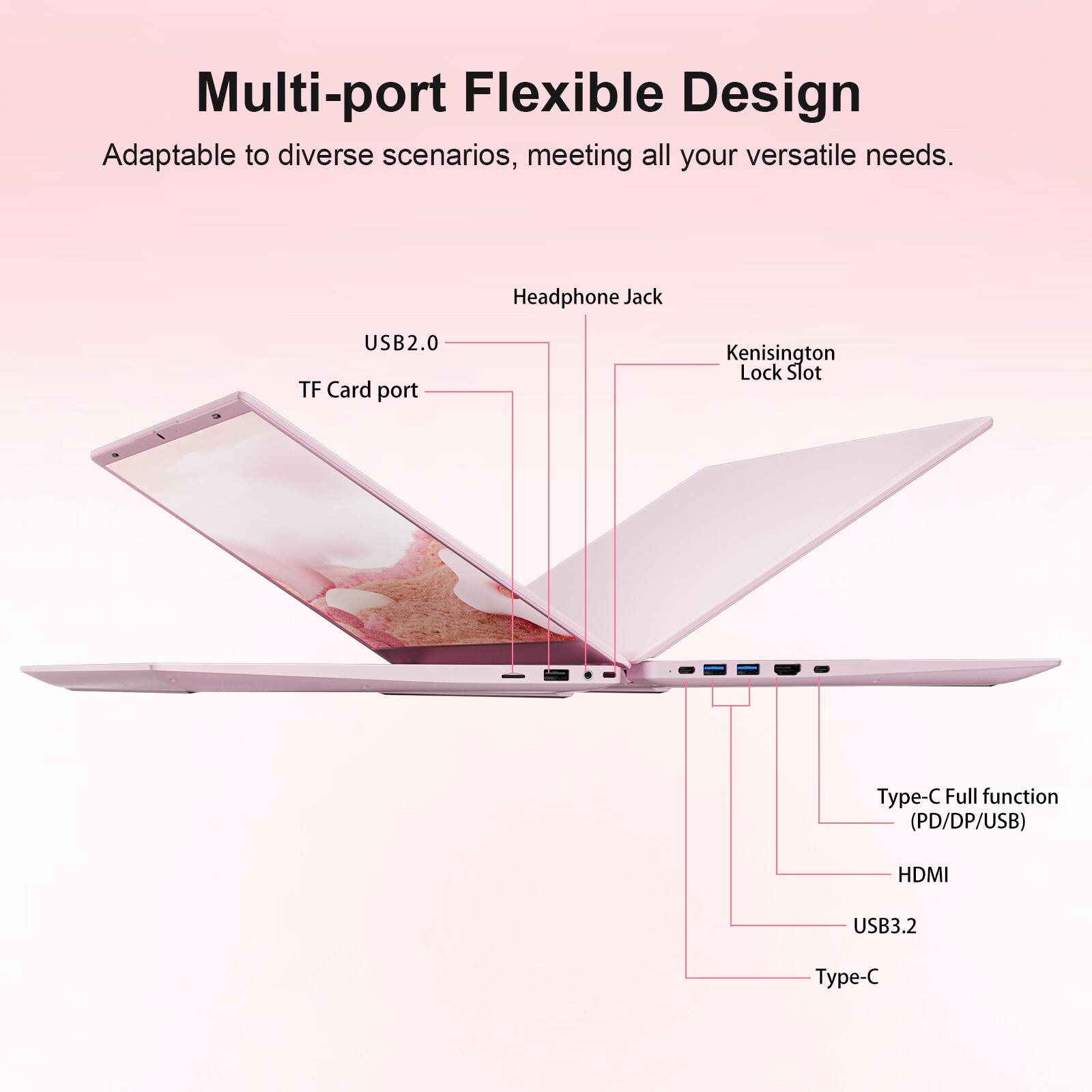 Multi-port Flexible Design  
Adaptable to diverse scenarios, meeting all your versatile needs.  

- Headphone Jack  
- USB2.0  
- TF Card port  
- Kensington Lock Slot  
- Type-C Full function (PD/DP/USB)  
- HDMI  
- USB3.2  
- Type-C