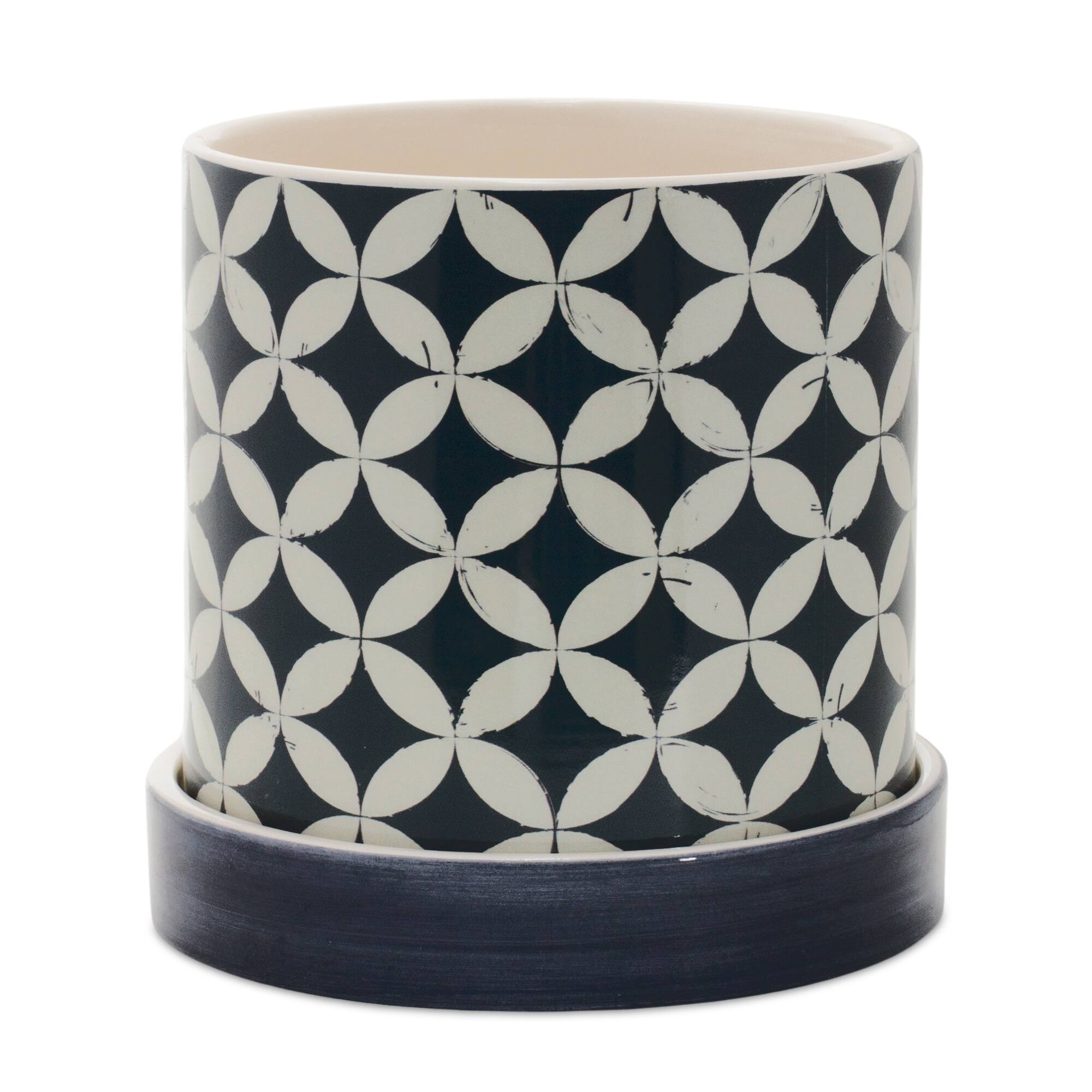 Angle. BreeBe - Geometric Pattern Planter with Plate (Set of 2) - Blue, White.