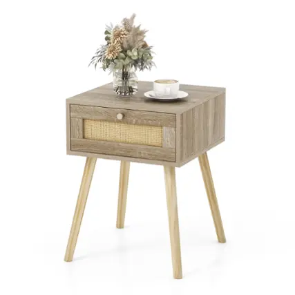 Front. Costway - Nightstand Bedside End Sofa Table with Rattan Drawer for Bedroom & Living Room - Natural.